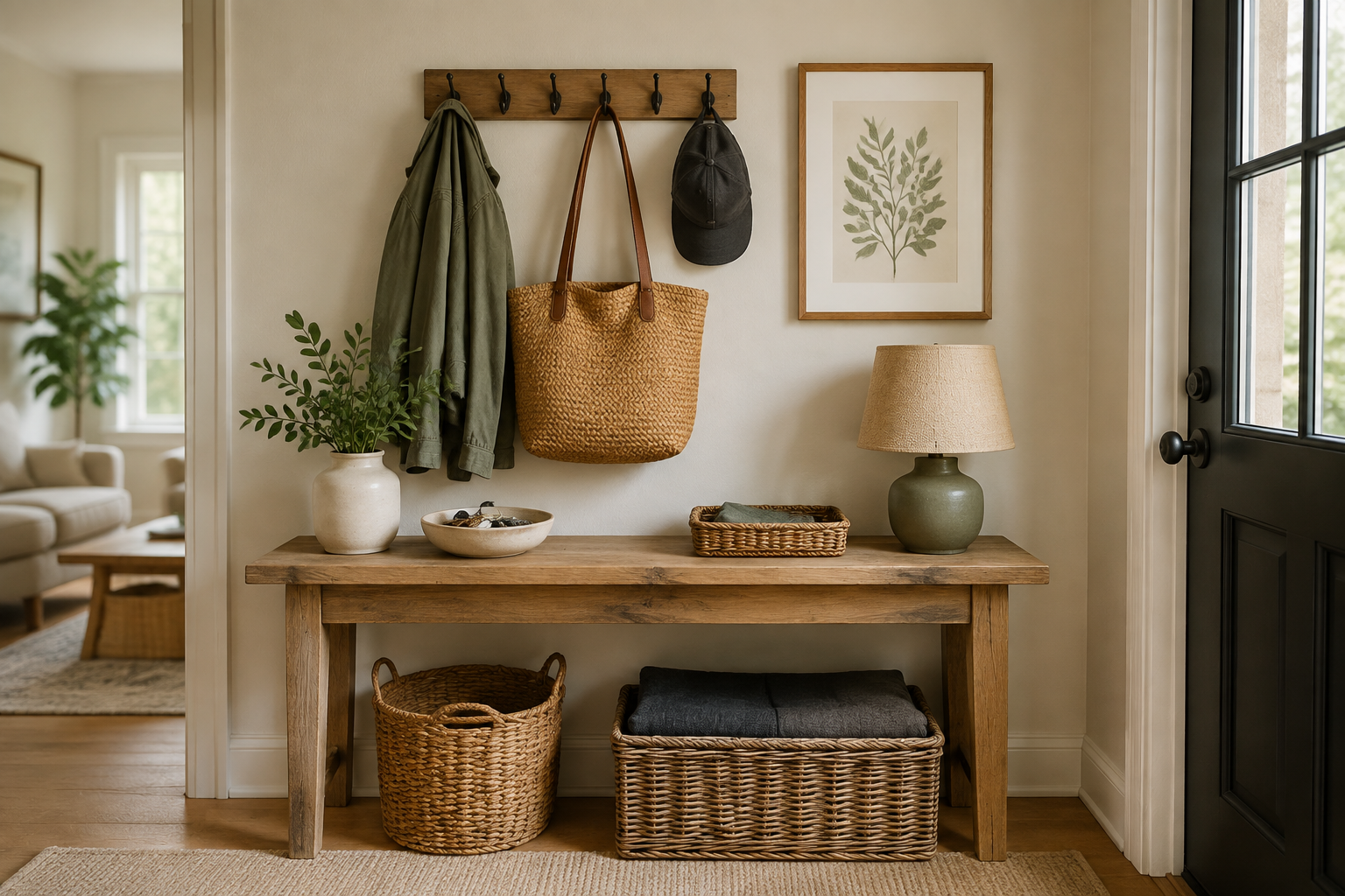 Small organized entryway with wood console, woven baskets, wall hooks and olive accents
