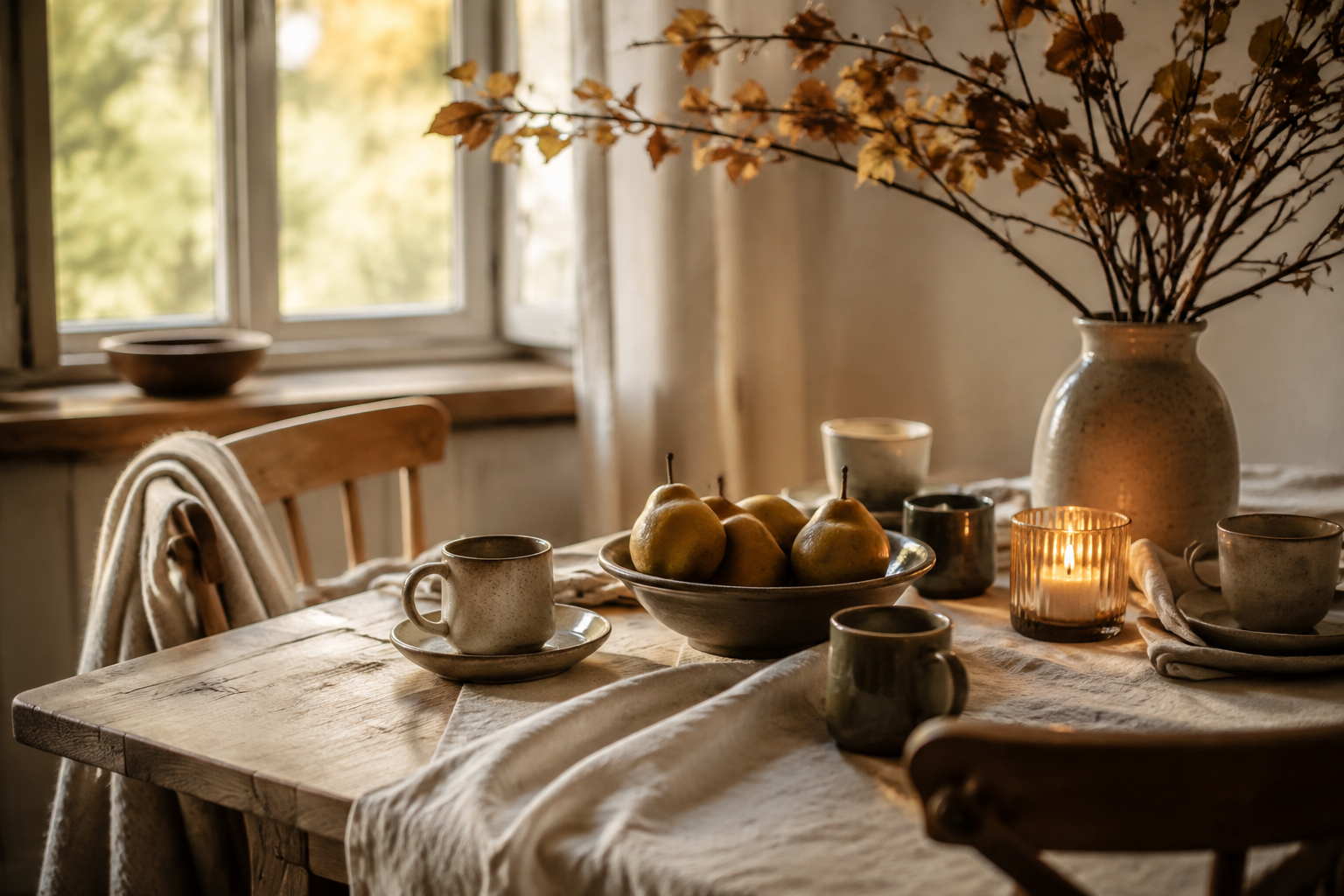 Cozy early-autumn table with pears, ceramic cups, branches and candlelight