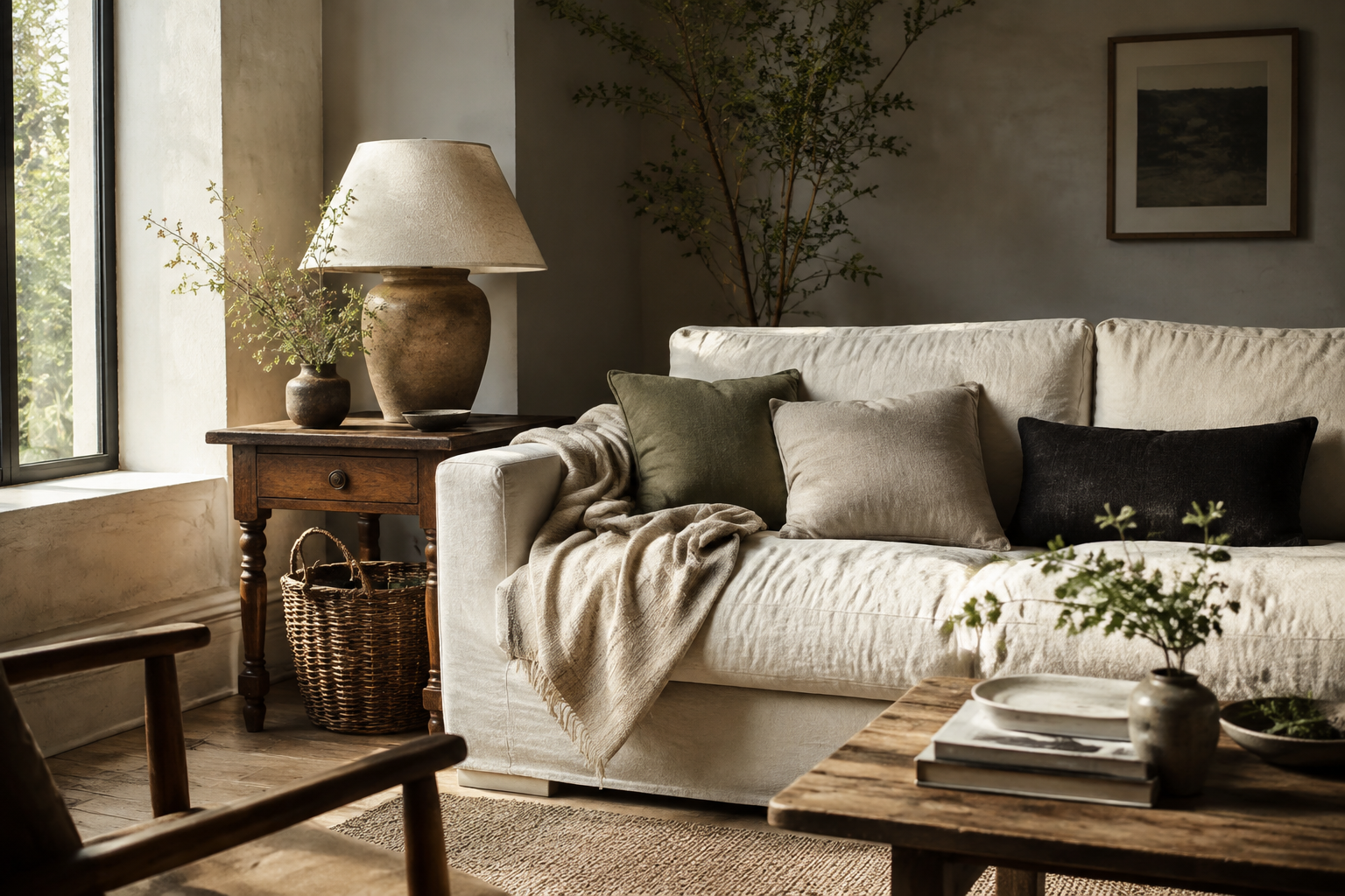 Warm, collected living room with linen sofa, vintage wood and soft olive accents