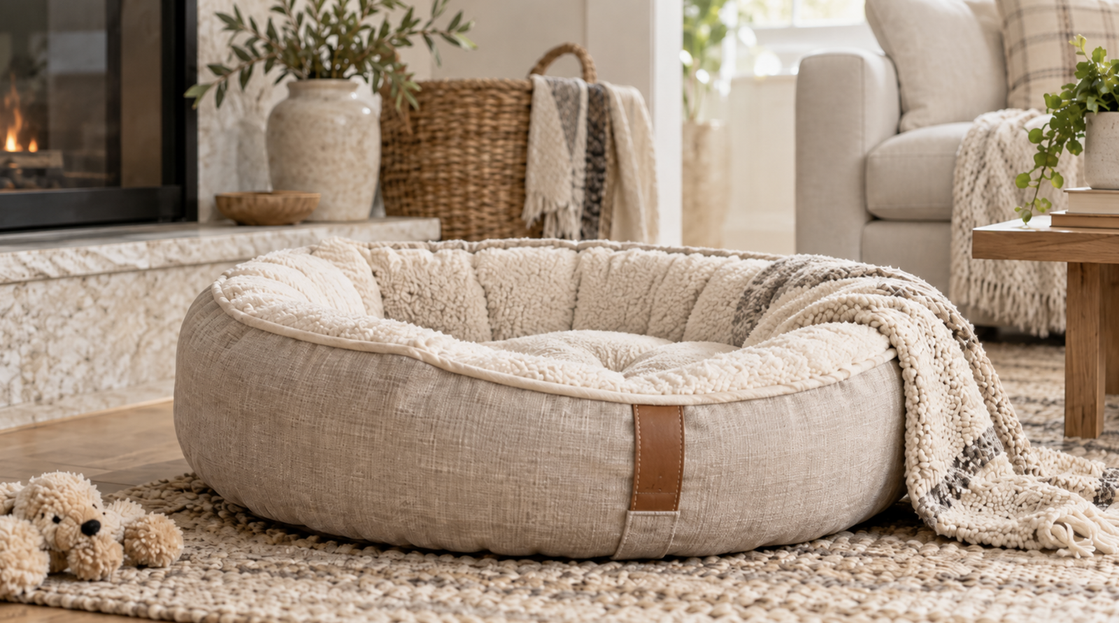 Neutral pet bed with a soft blanket in a warm, pet-friendly living room