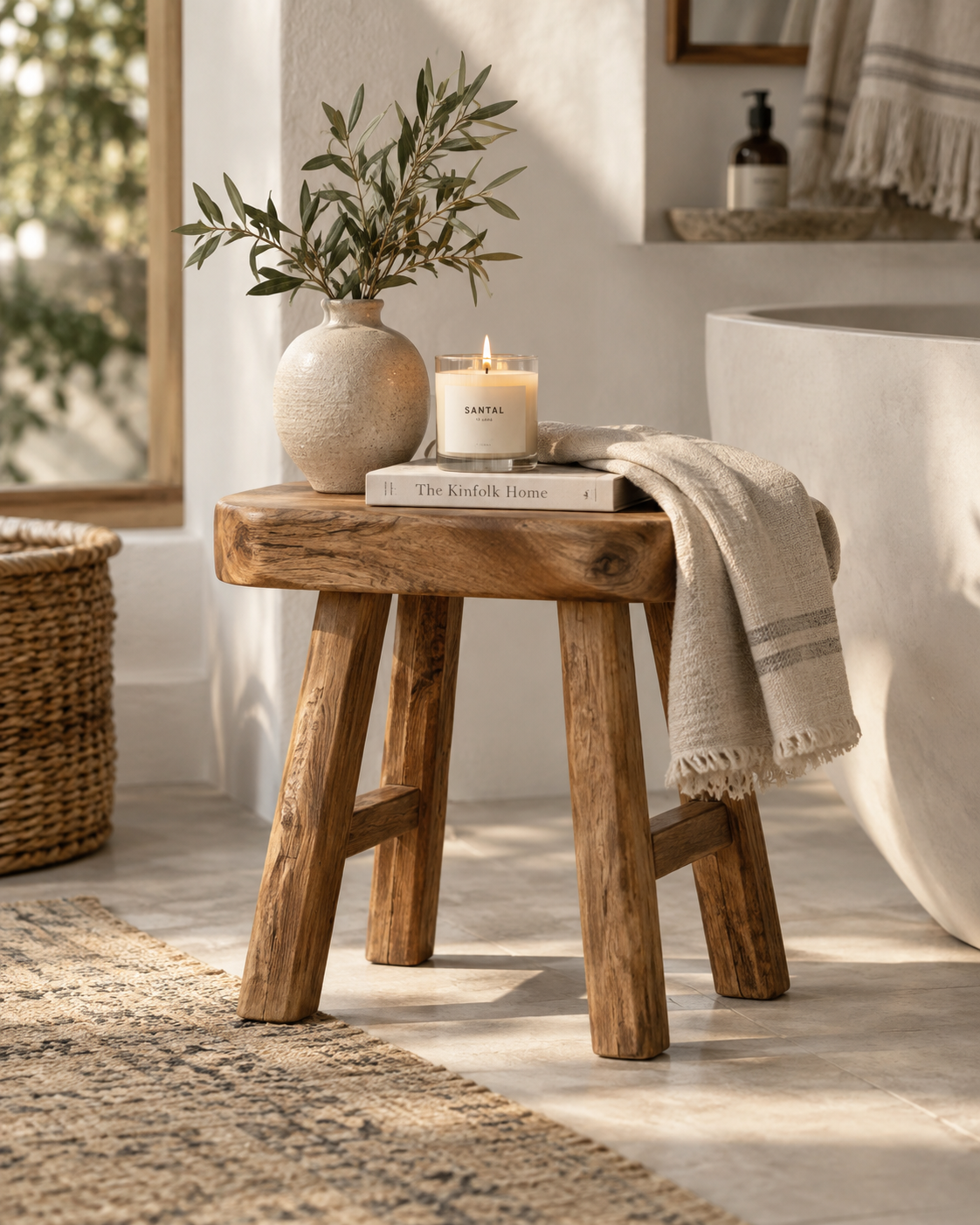 Rustic wooden stool styled with a ceramic vase, candle, book, and linen towel