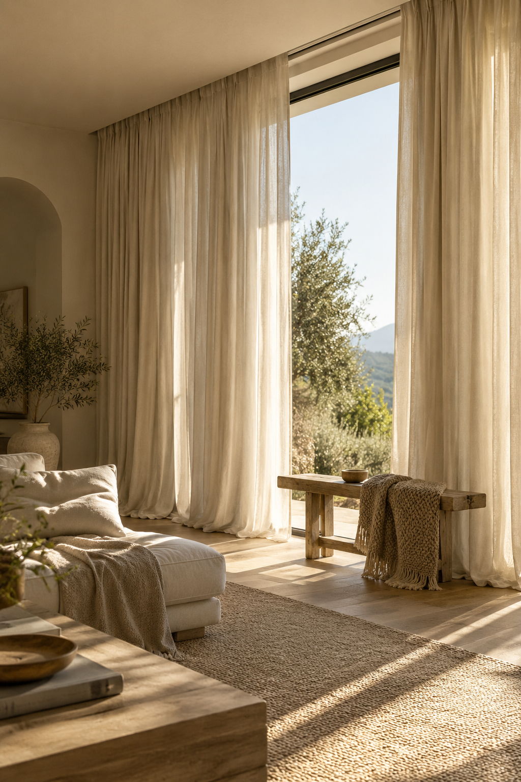 Floor-length neutral curtains framing a glass door
