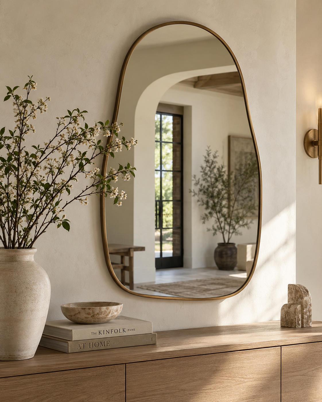 Tall arched statement mirror with warm brass frame