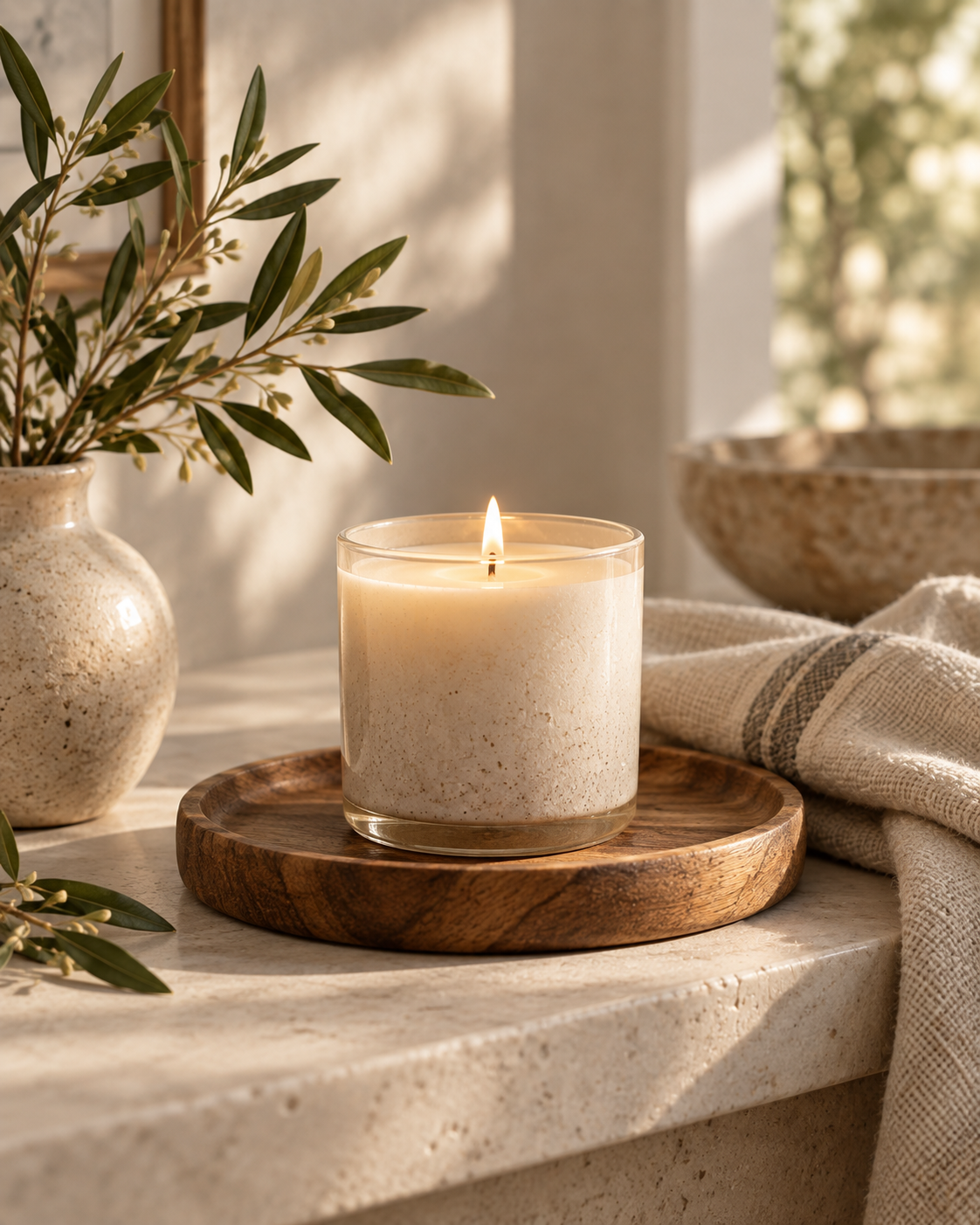 Neutral candle glowing on a round wooden tray in warm natural light