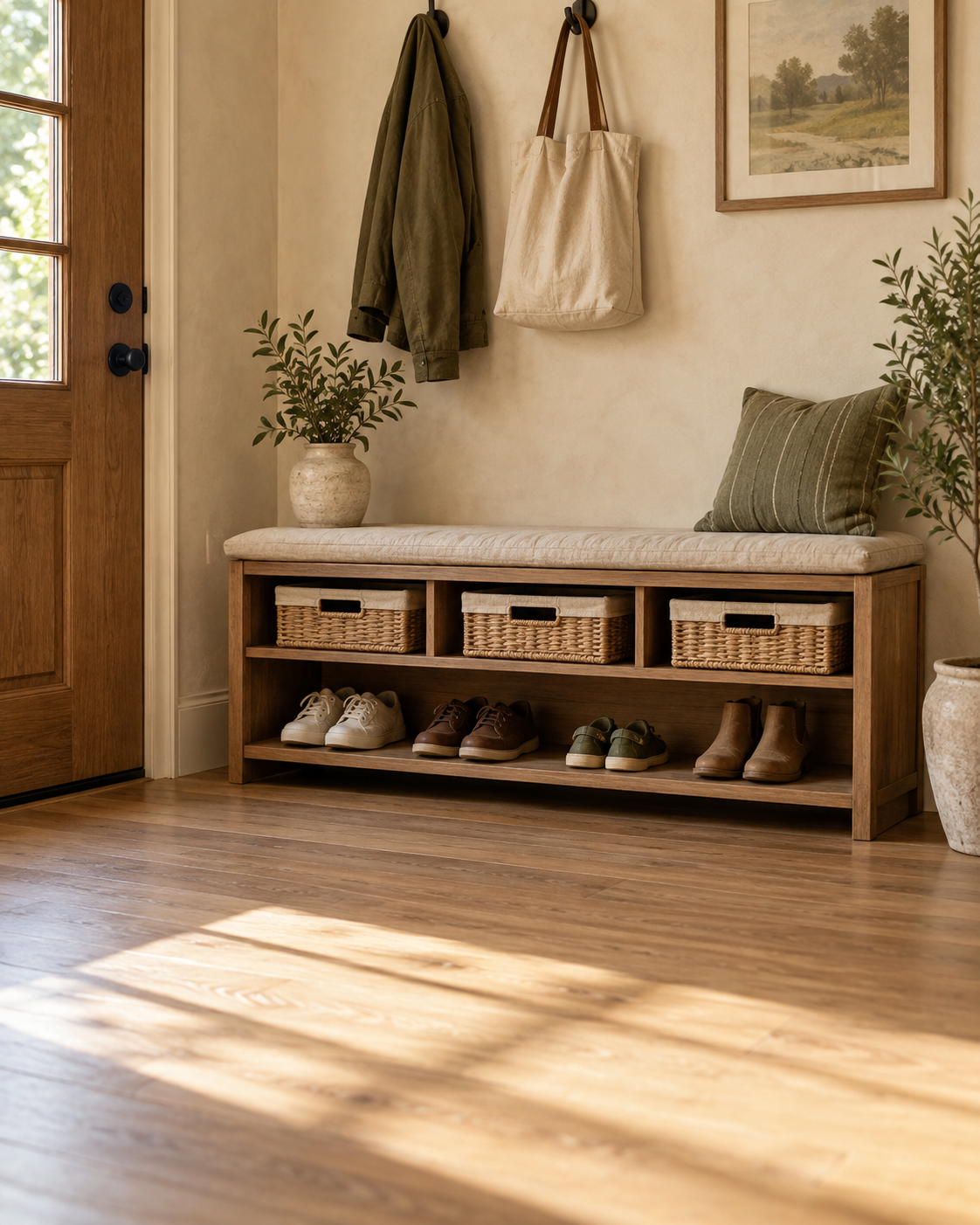 Accessible entryway shoe storage with four pairs of shoes