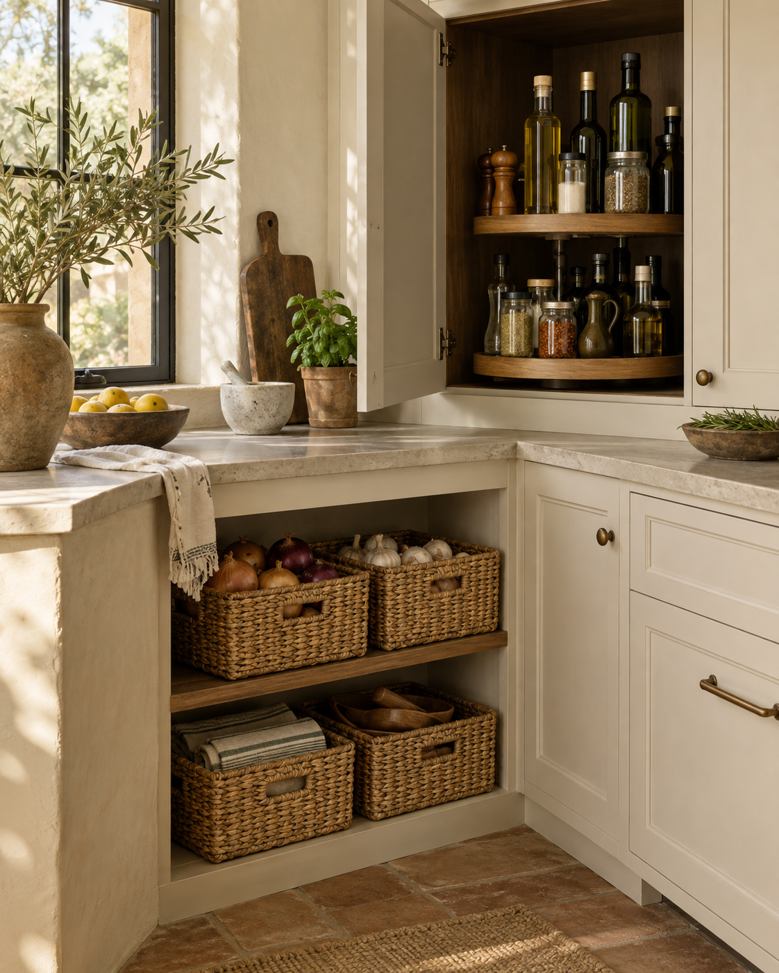Woven storage baskets and a Lazy Susan in a deep kitchen cabinet