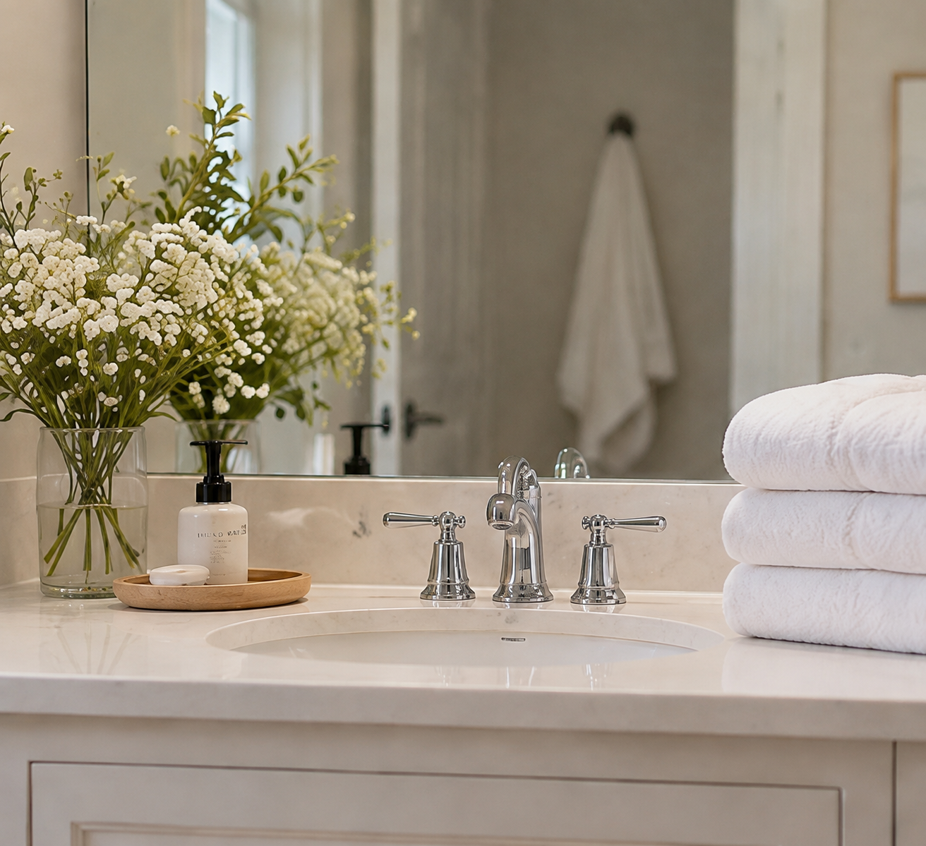 Fresh bathroom vanity with clean towels, flowers, and a polished sink