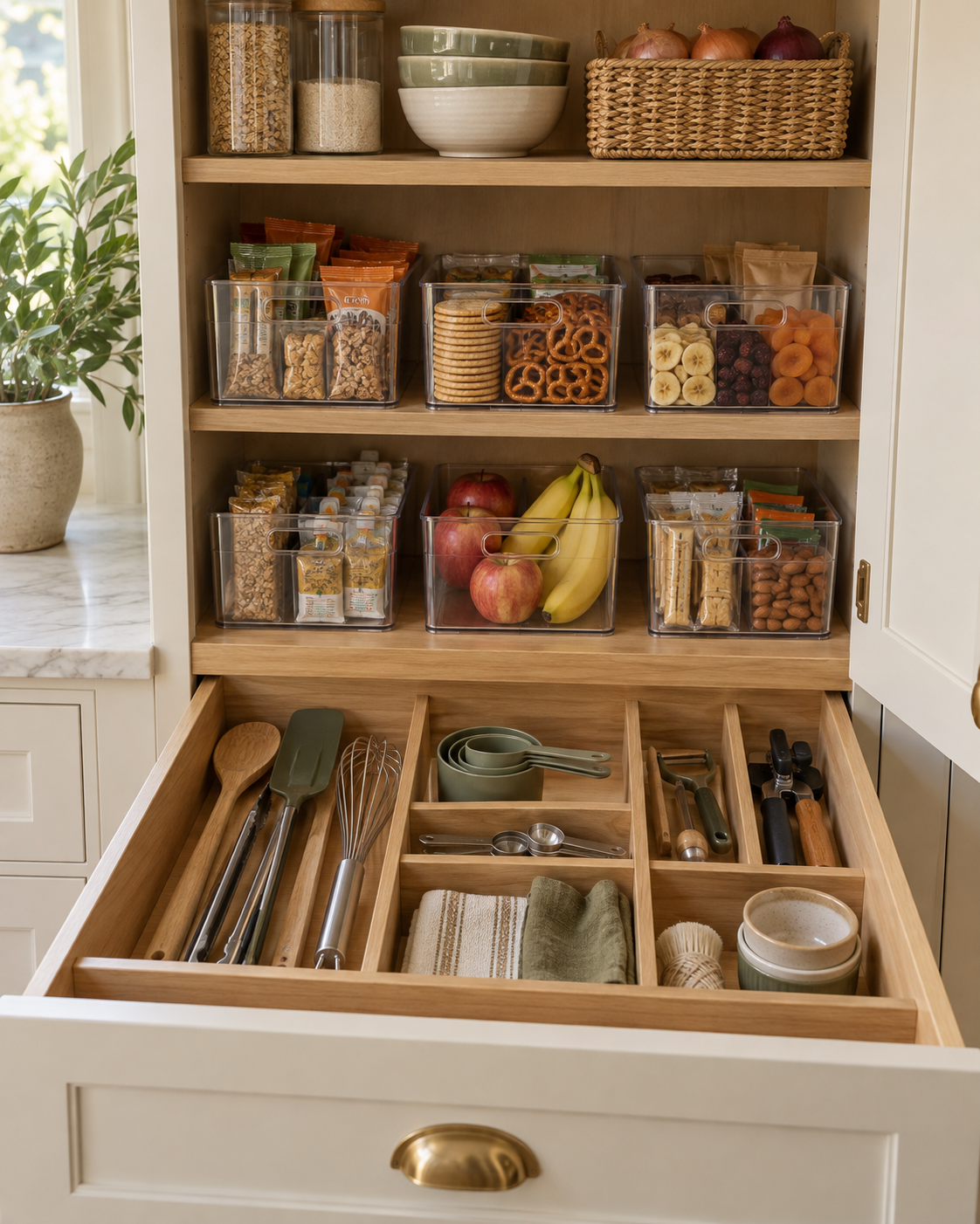 Clear pantry bins and a divided kitchen drawer