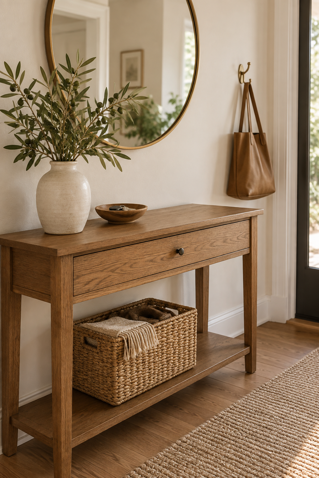 Organized entry console with a clear surface, key bowl, drawer, woven basket, and wall hook