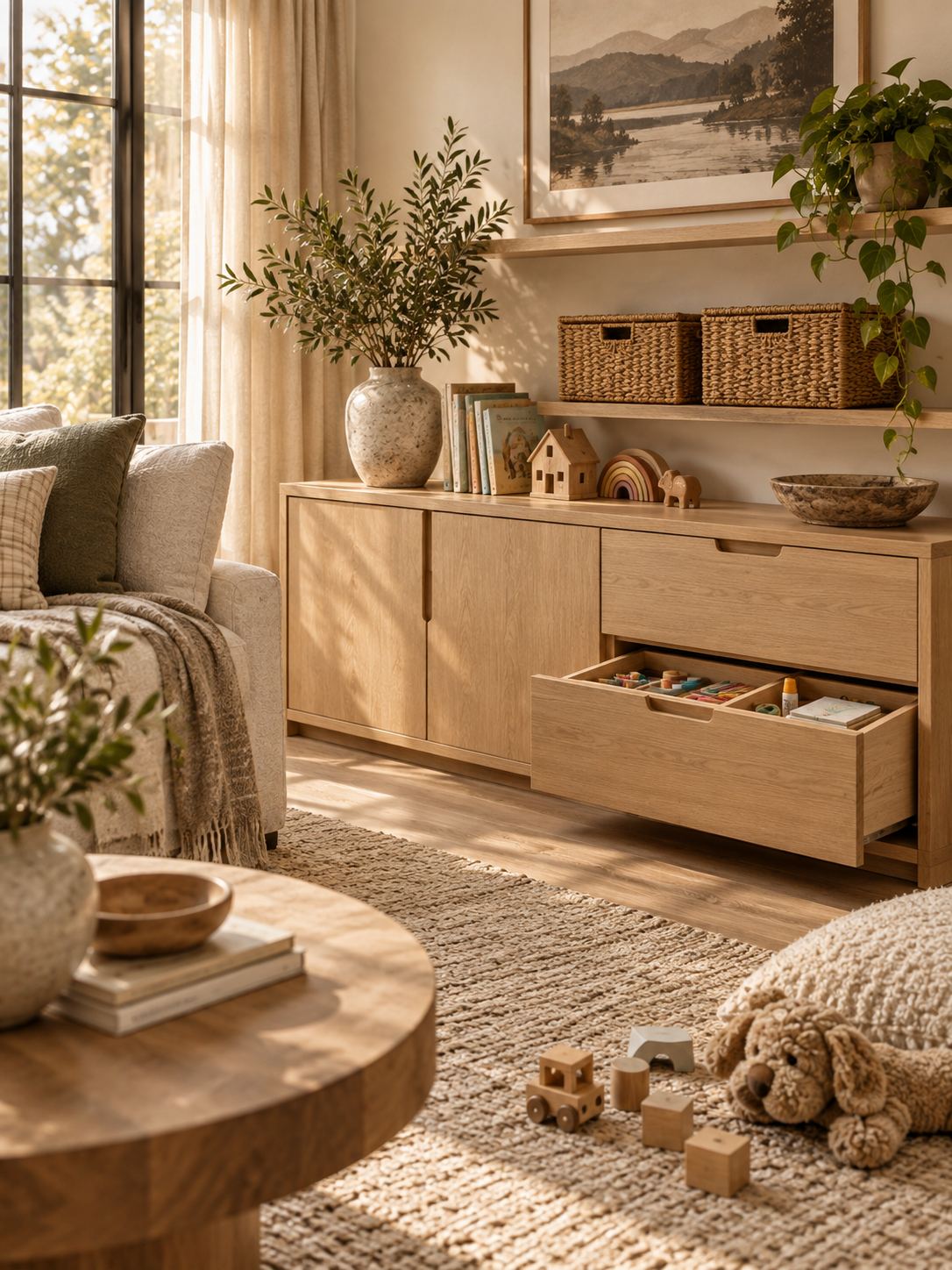 Calm family living room with closed cabinets and woven baskets for hidden toy storage