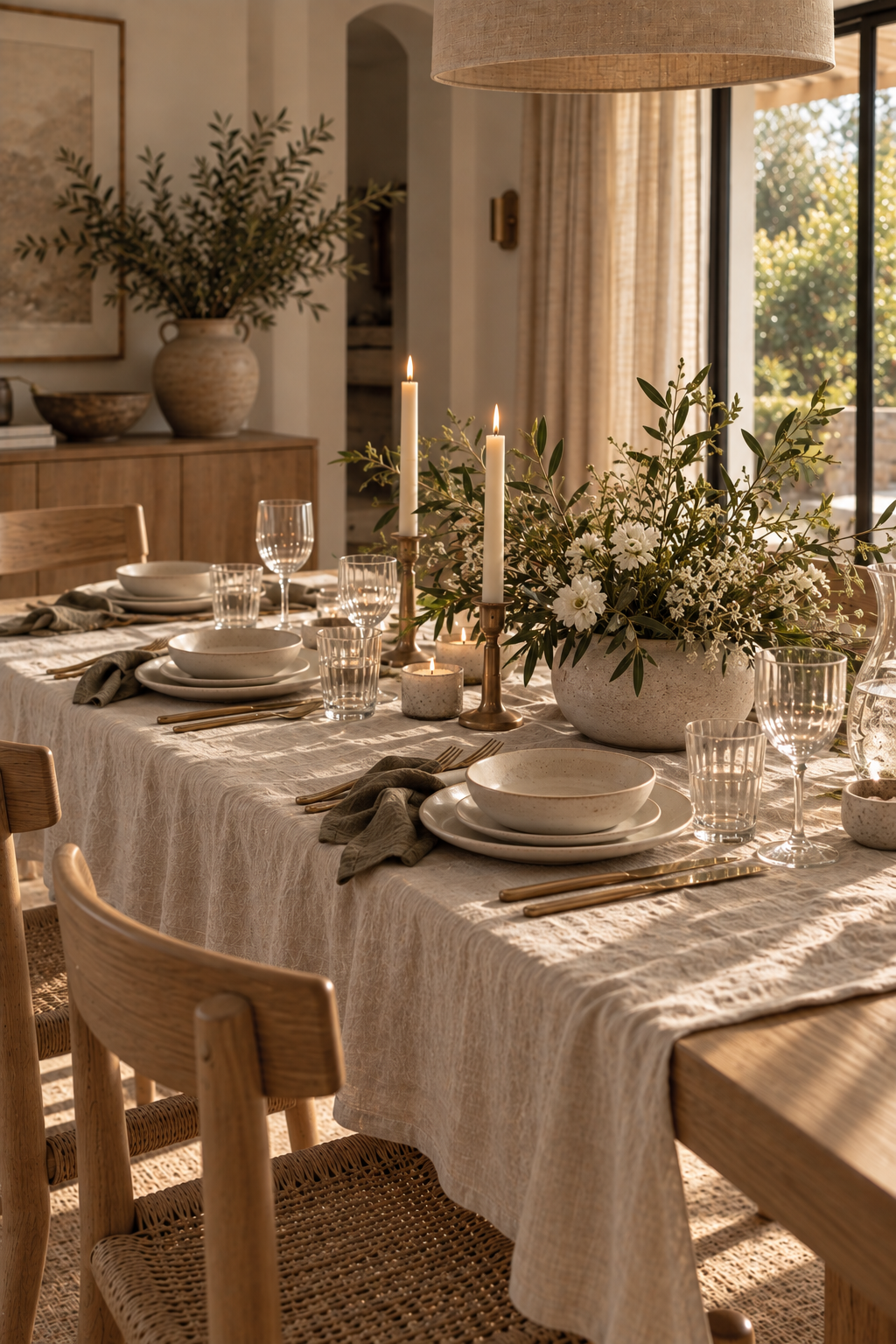 Organic modern table setting with neutral linen, ceramics and simple greenery