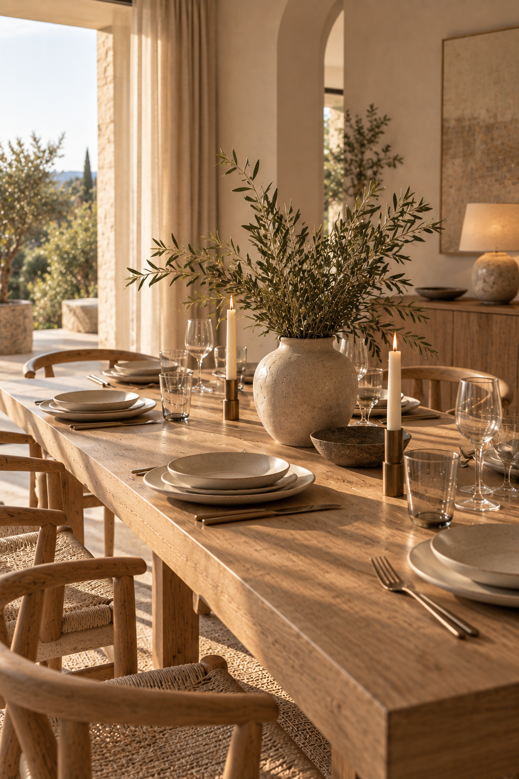Linen aesthetic table with natural wood, neutral place settings and olive branches