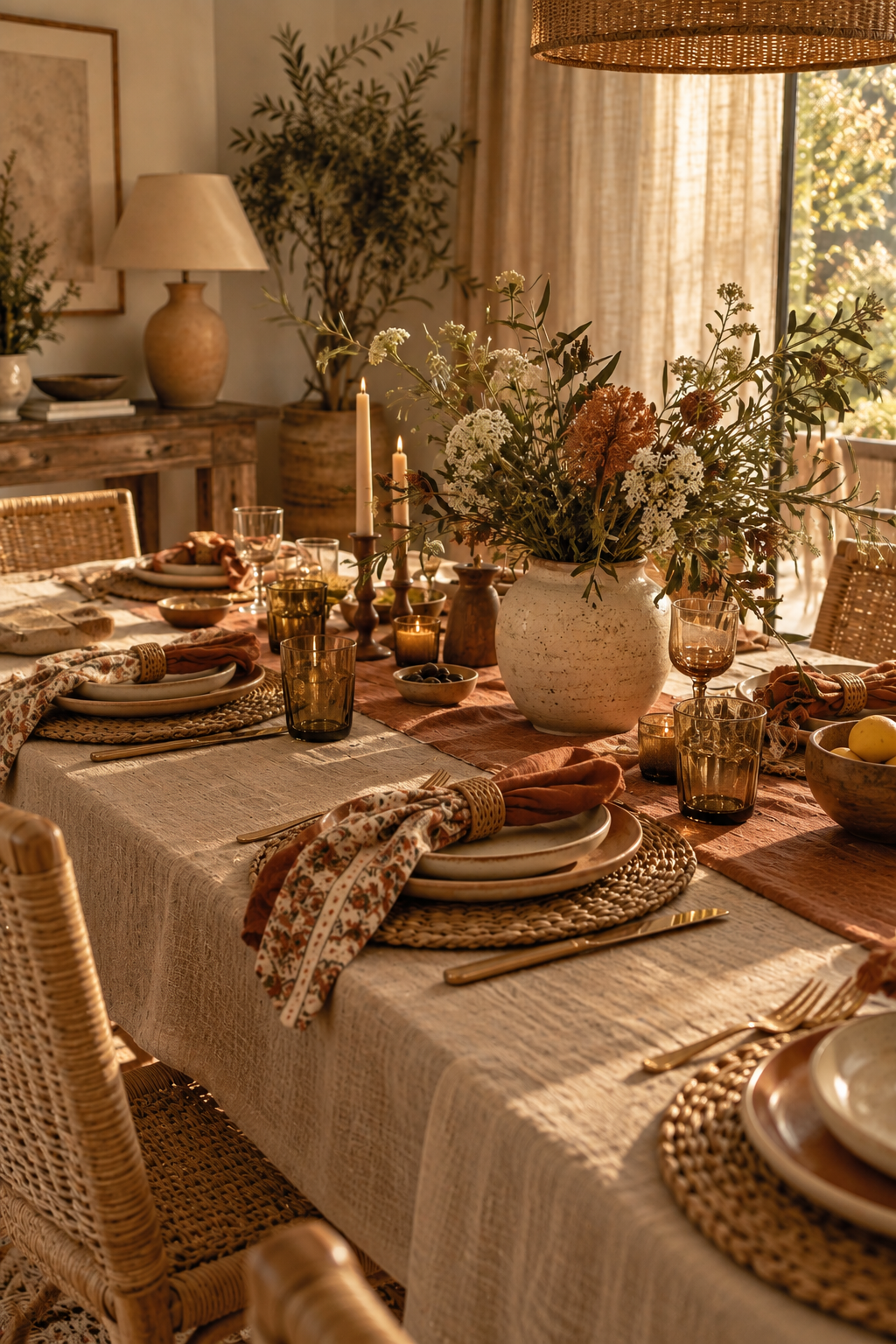 Layered boho table setting with terracotta linen and patterned napkins