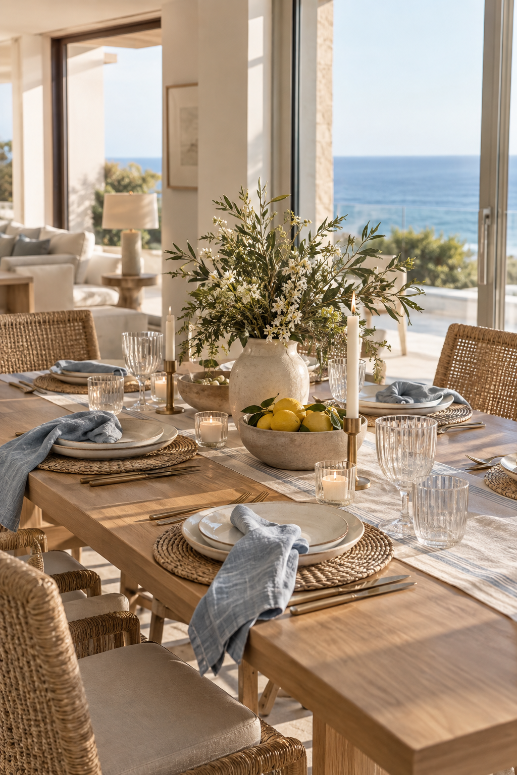 Coastal table setting with pale blue linen, woven chairs and an ocean view
