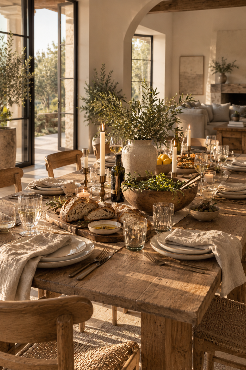 Warm farmhouse gathering table with bread, serving bowls and candlelight