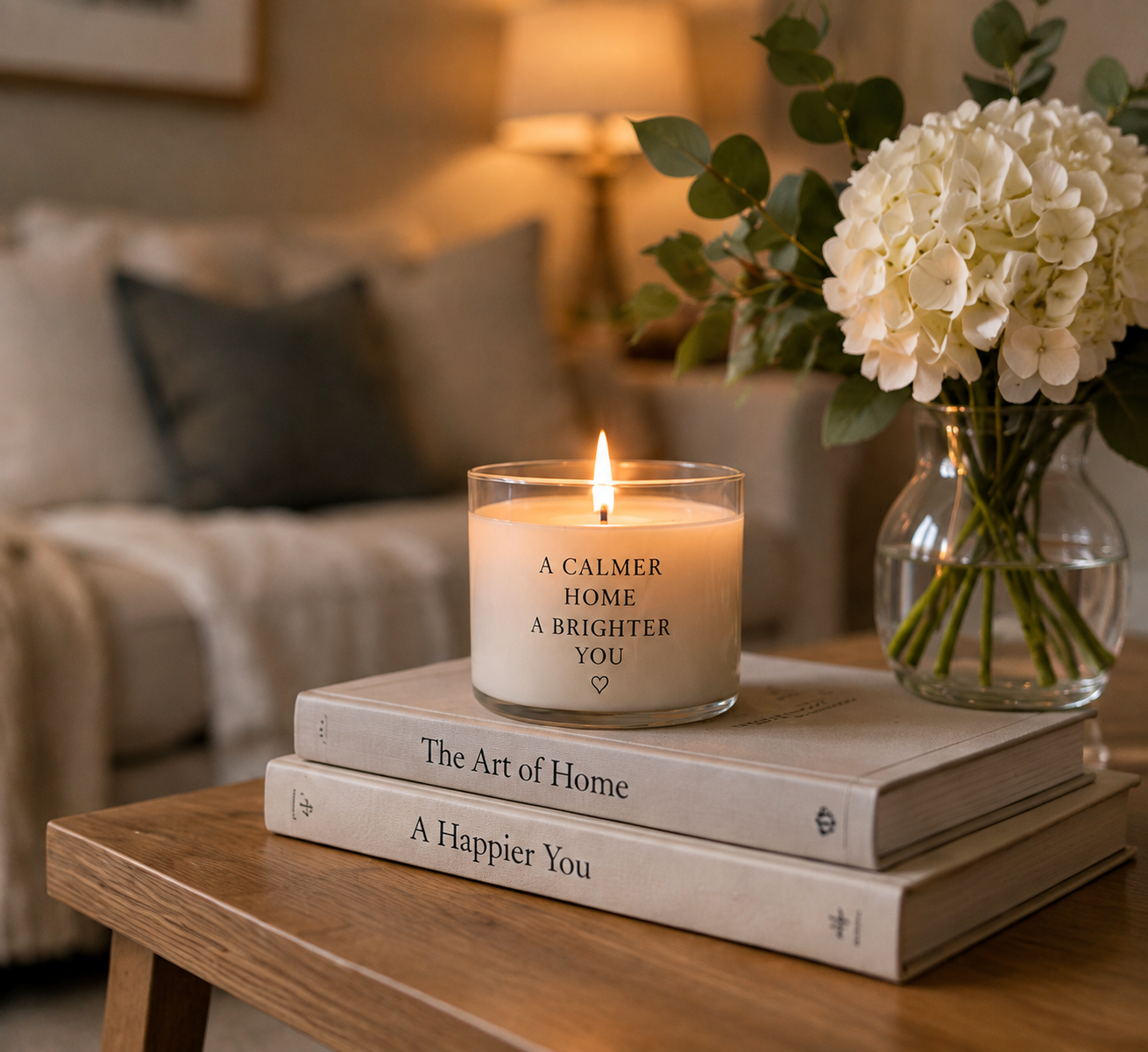 Cozy evening living room with a lit candle, books, flowers, and warm lamplight