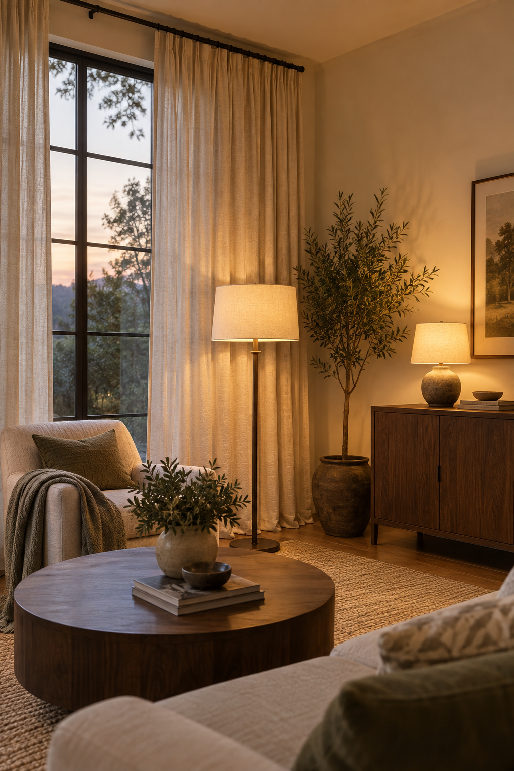 Floor-length linen curtains hung high and wide with warm layered floor and table lighting