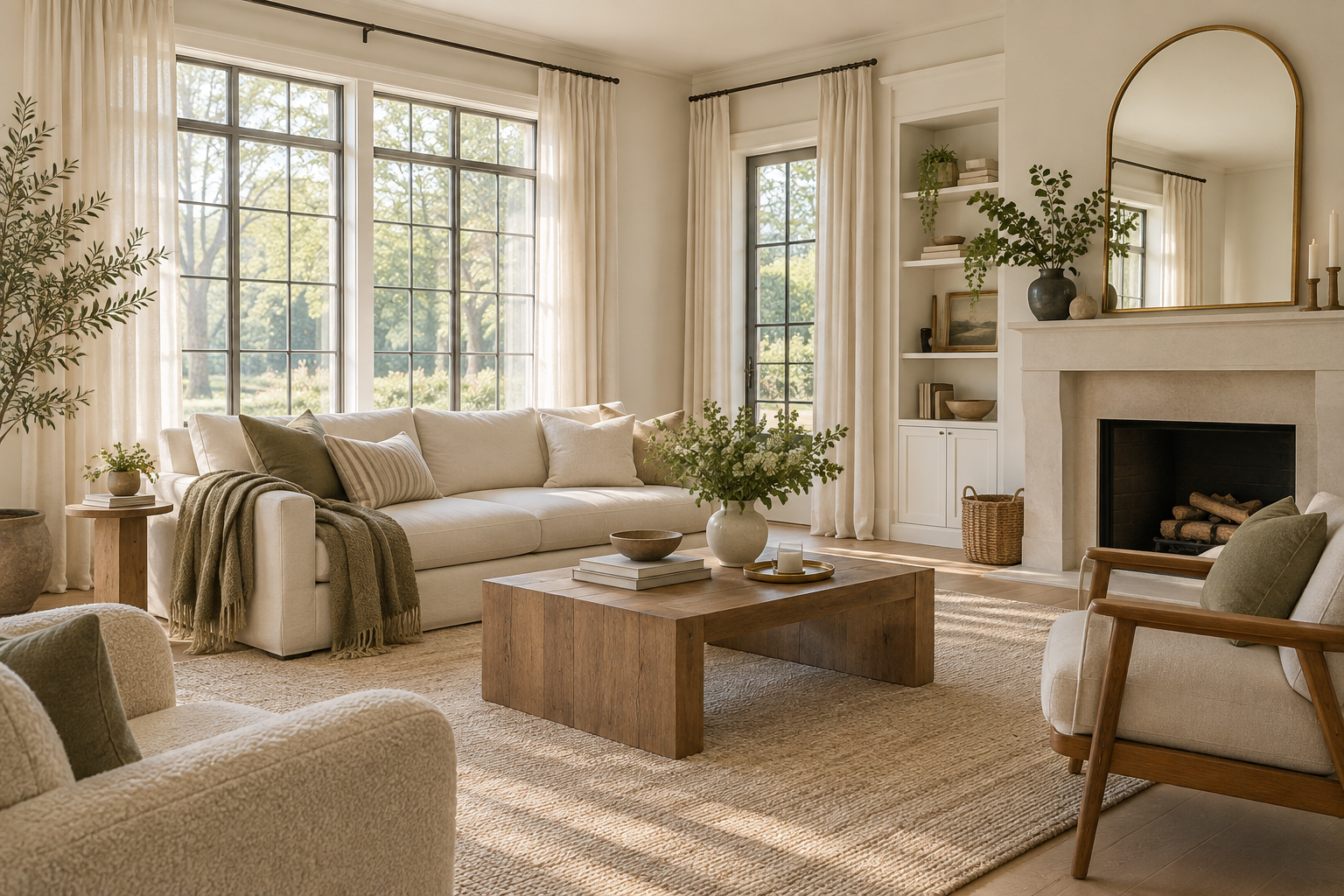 Bright living room with high linen curtains, a large mirror, warm off-white walls, and natural daylight