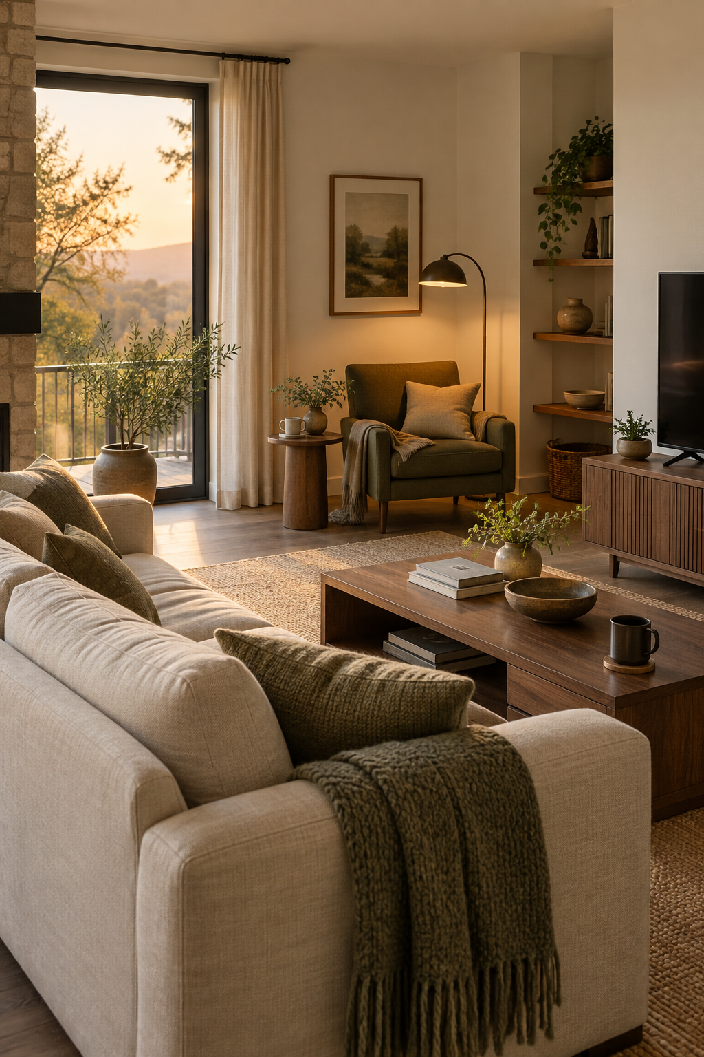 Warm living room with a sofa area and a separate reading corner for different ways of relaxing