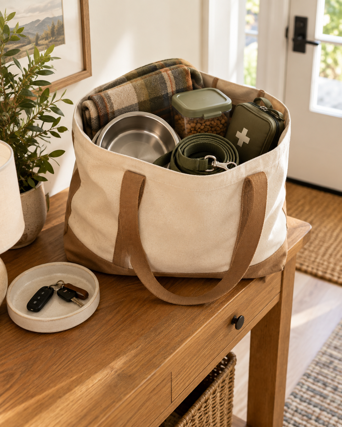 Organized canvas travel bag with pet supplies, leash, bowl and first-aid pouch
