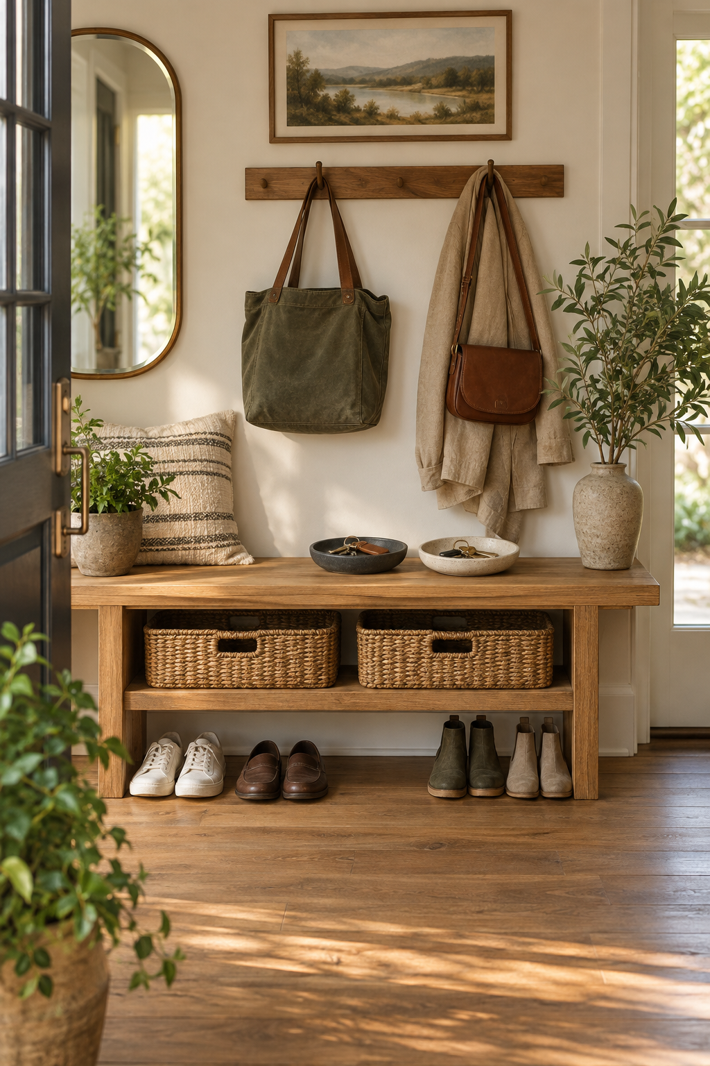 Warm shared entryway with separate hooks, baskets, keys, bags, and shoes for two people