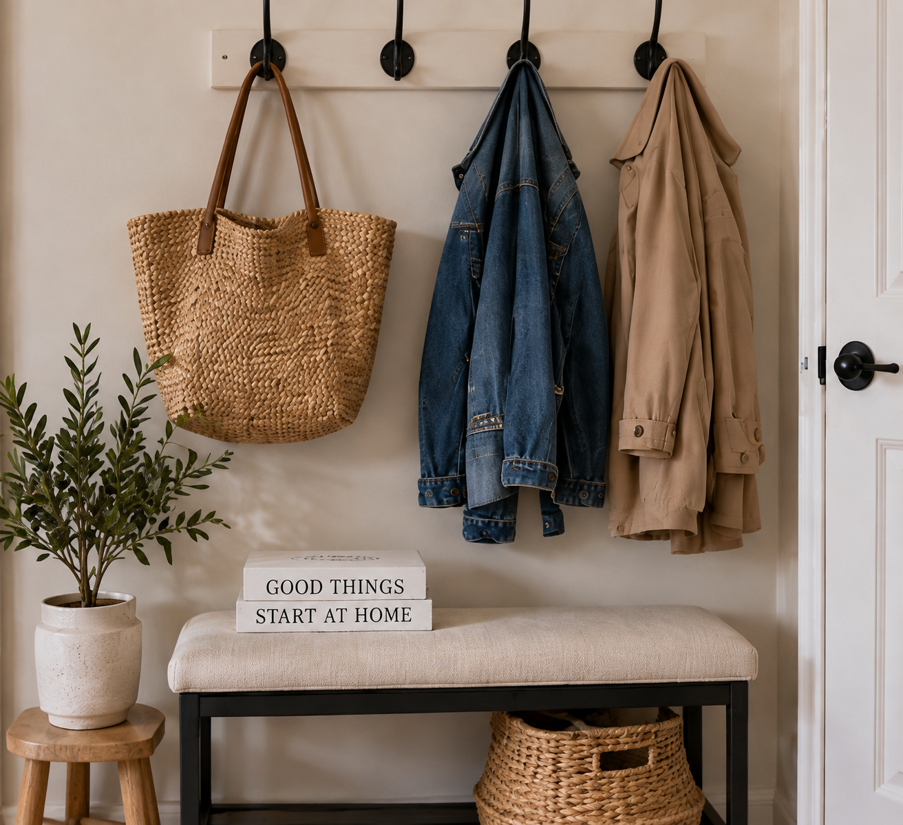 Organized entryway with coats, a woven tote, bench, basket, and houseplant