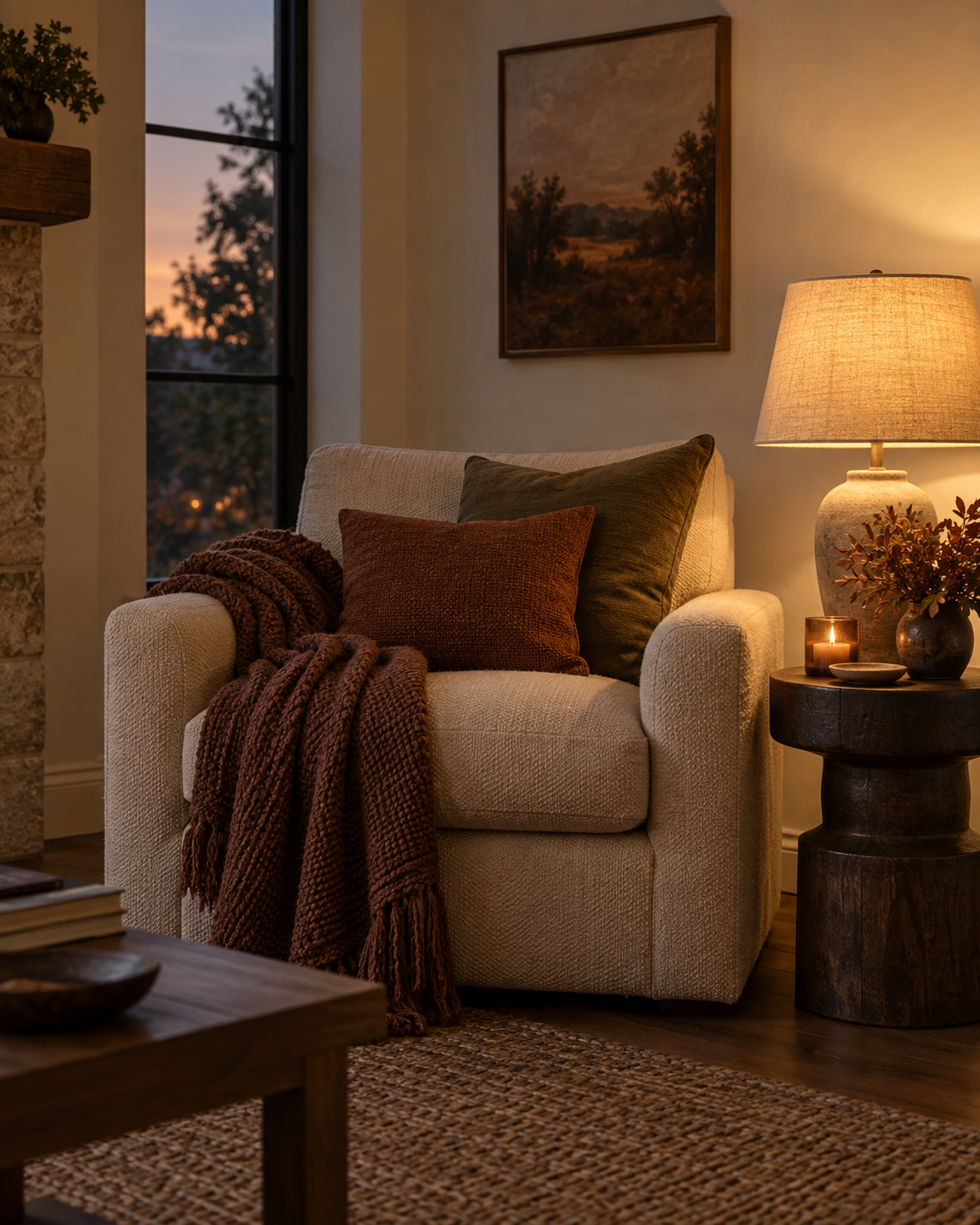 Warm fall reading chair with layered lighting, olive and rust pillows, and a chunky knit throw