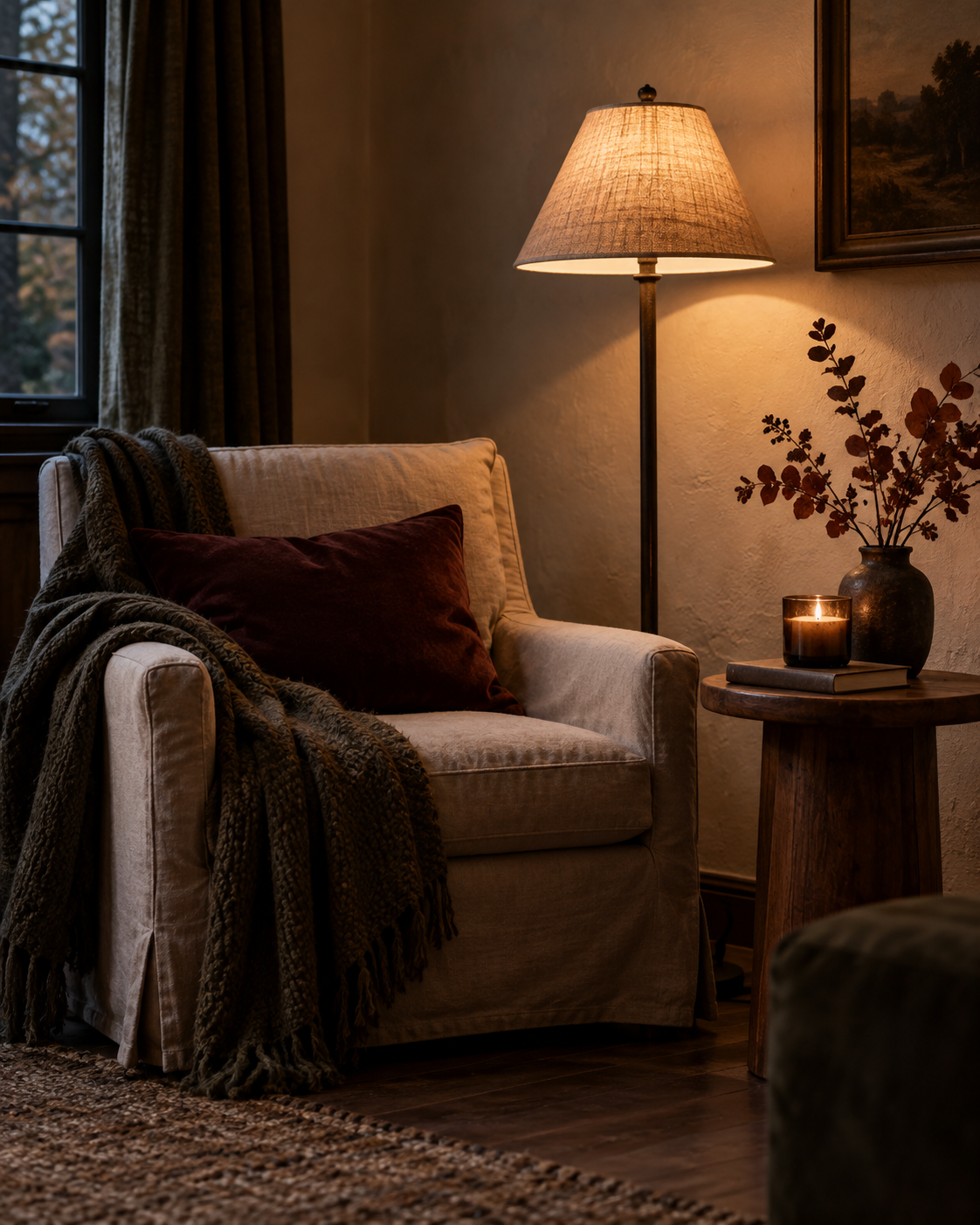 Moody fall reading corner with warm lamplight, a dark throw, candle, and autumn branches
