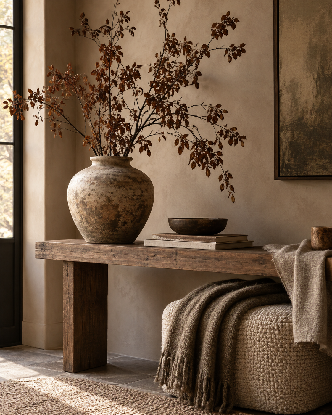 Sculptural autumn branches in a ceramic vase beside layered wool and boucle textures