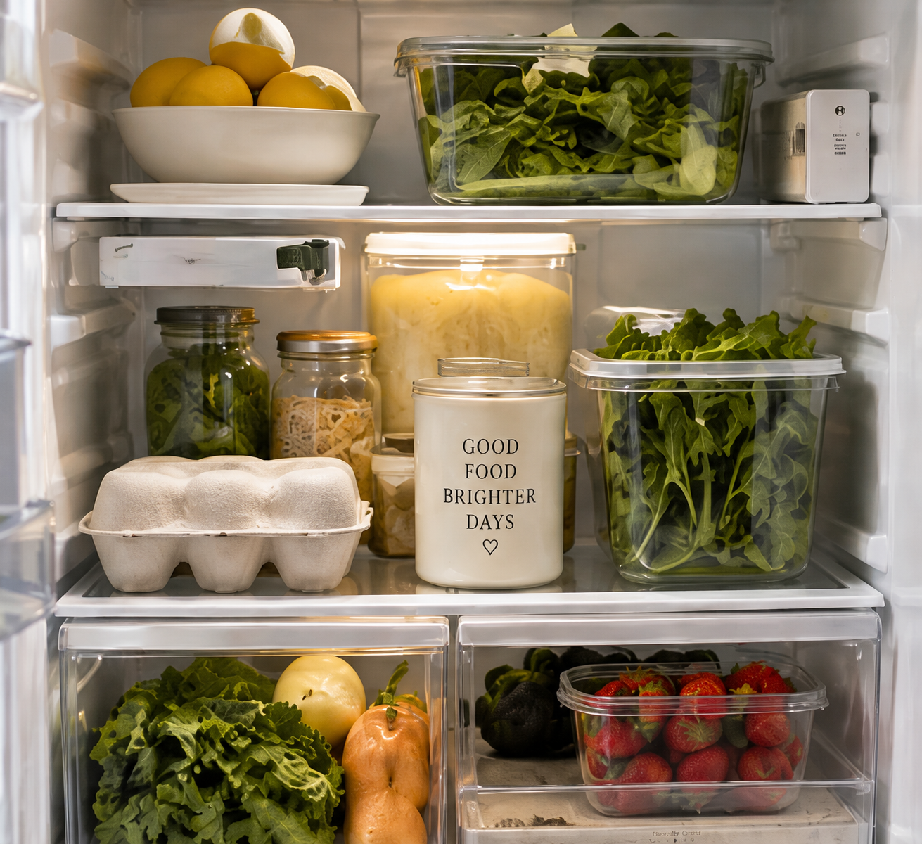Organized refrigerator with fresh produce, eggs, greens, and prepared ingredients