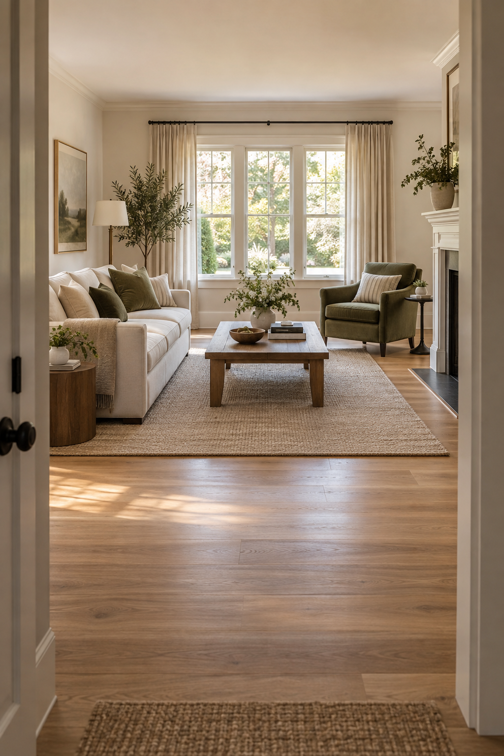 Balanced living room with correctly scaled furniture, a large anchoring rug, and a clear walkway