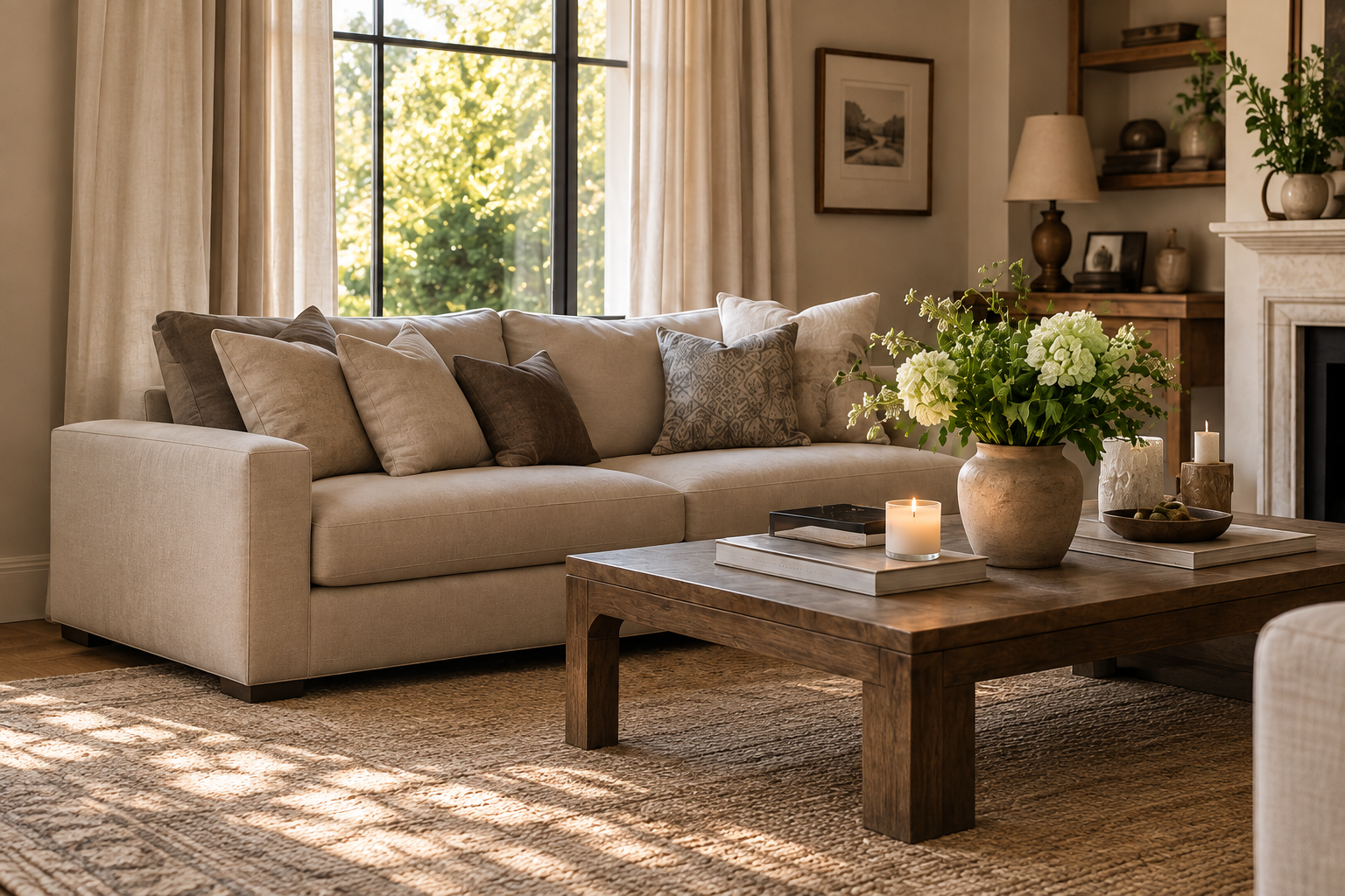 Warm neutral living room styled with a sculptural vase, flowers, candles, layered pillows, and a large rug