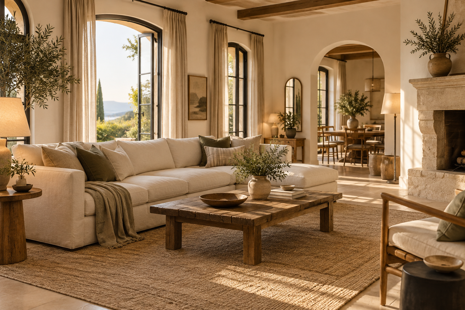 Warm, thoughtfully arranged living room with properly scaled furniture, layered lighting, and a large anchoring rug