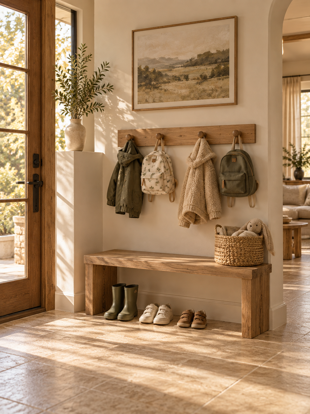 Warm family entryway with low hooks, backpacks, shoes, and accessible storage for children