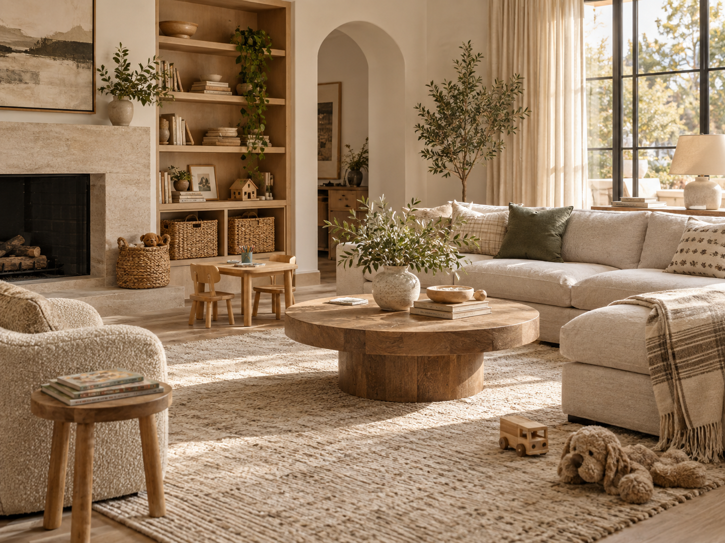 Warm, beautifully designed family living room with integrated children’s play space and toy storage