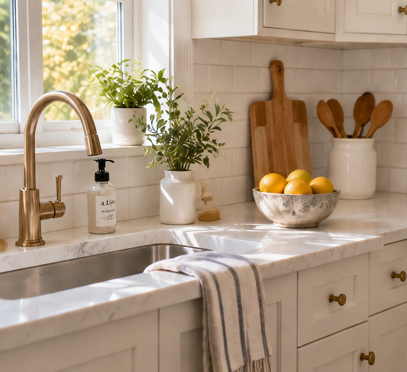 Bright reset kitchen with a clear sink, clean counters, lemons, and potted greenery