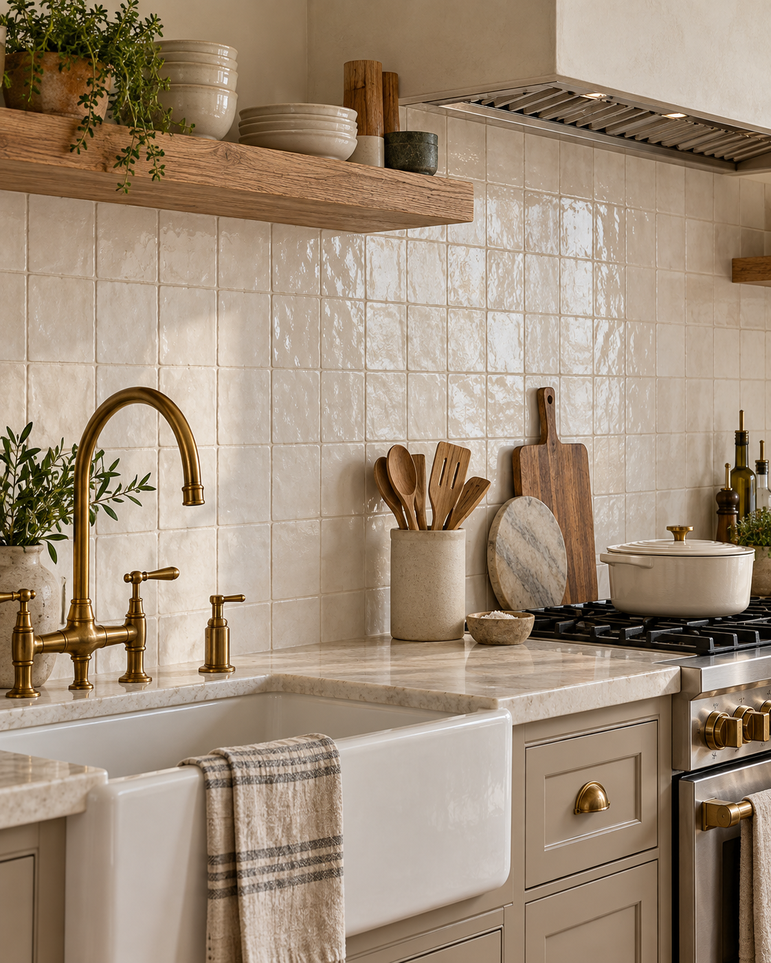 Handmade cream tile backsplash behind a kitchen sink and stove