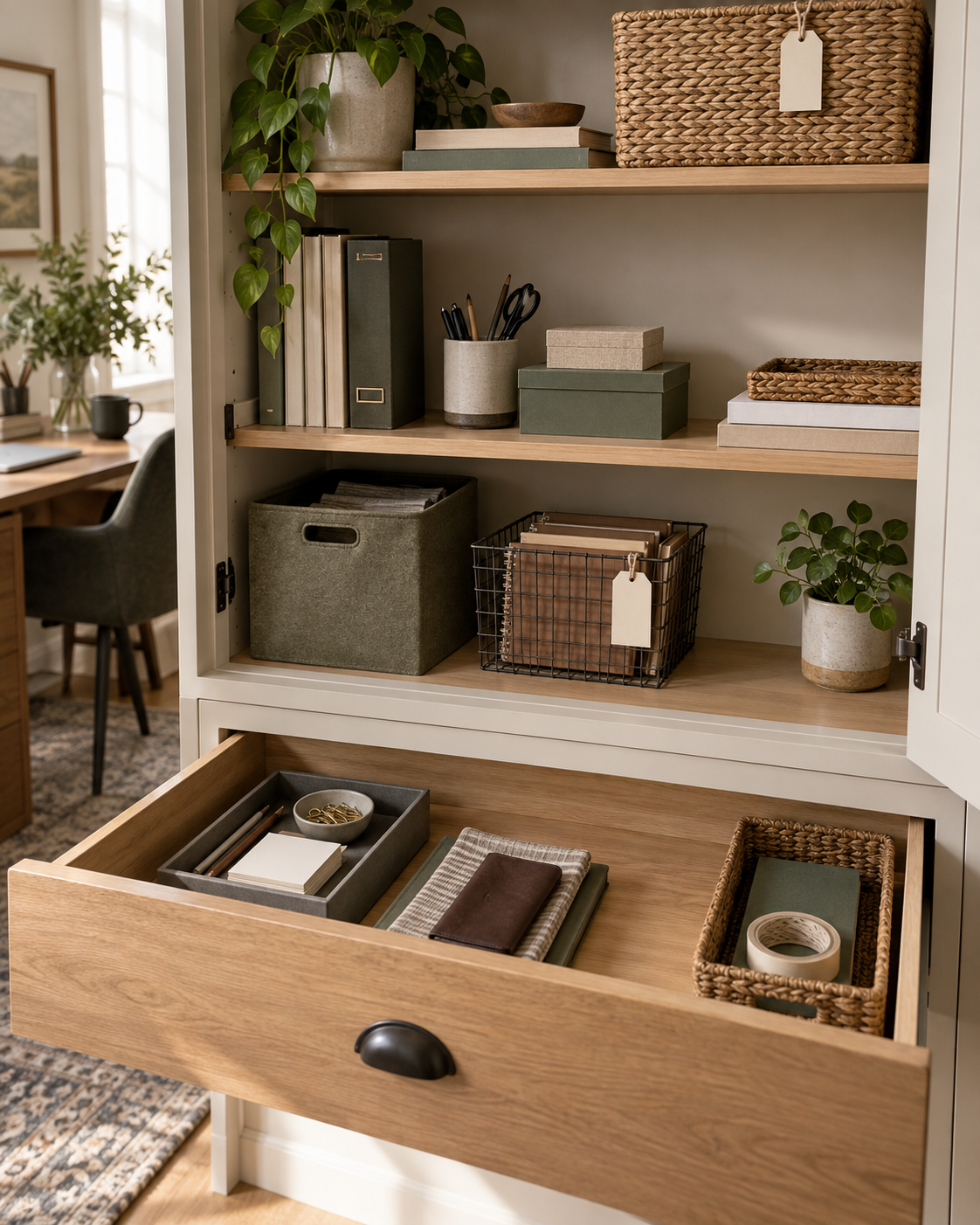 Organized cabinet and drawer with useful empty space