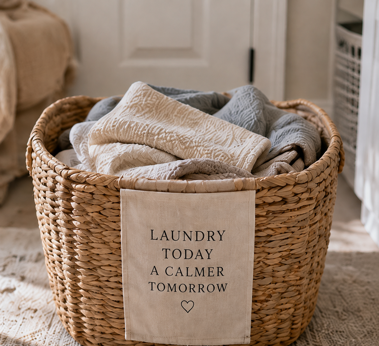 Woven laundry basket filled with folded neutral towels and linens