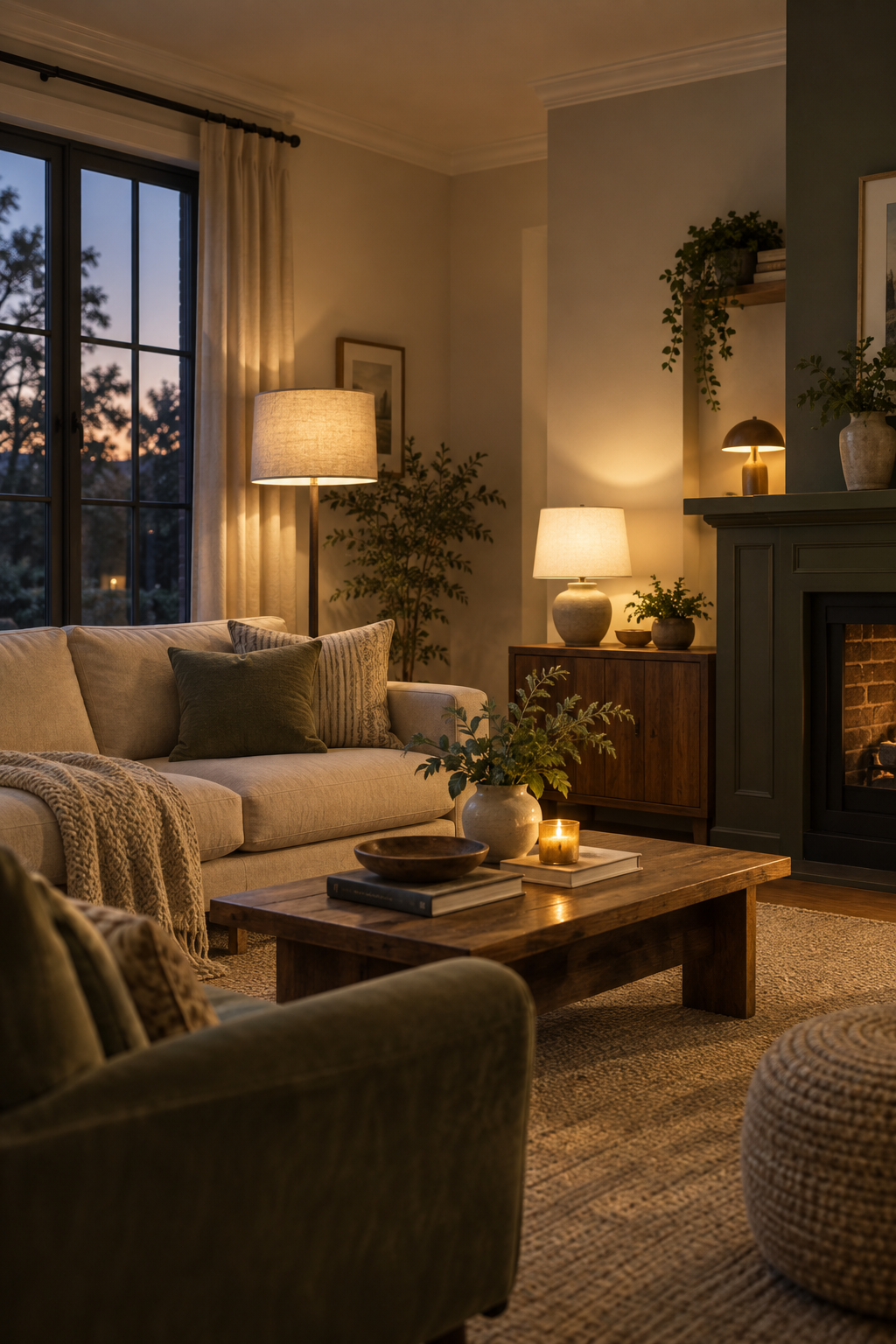 Cozy living room with layered floor, table, and accent lighting in the evening