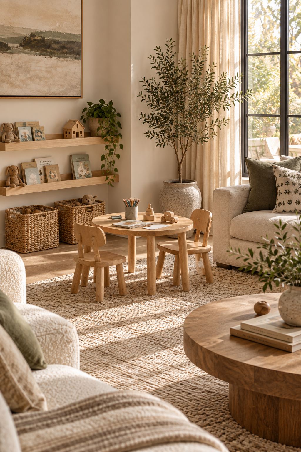 Elegant neutral living room with a thoughtfully integrated play corner for children