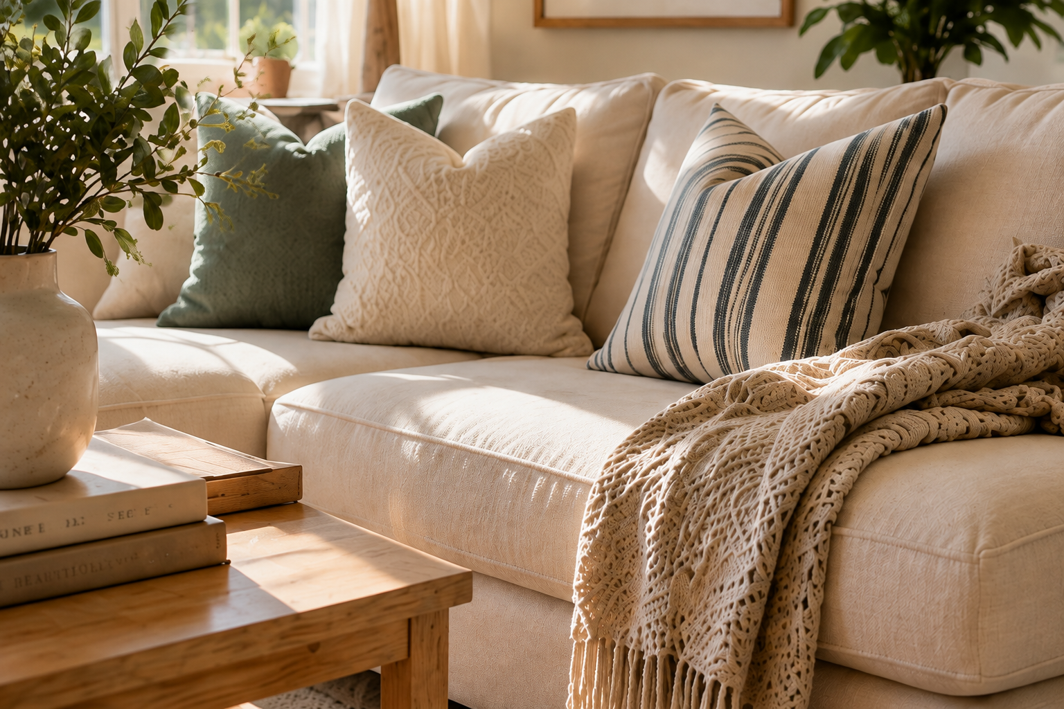 Close editorial view of a tidy cream sofa with layered pillows and a folded throw