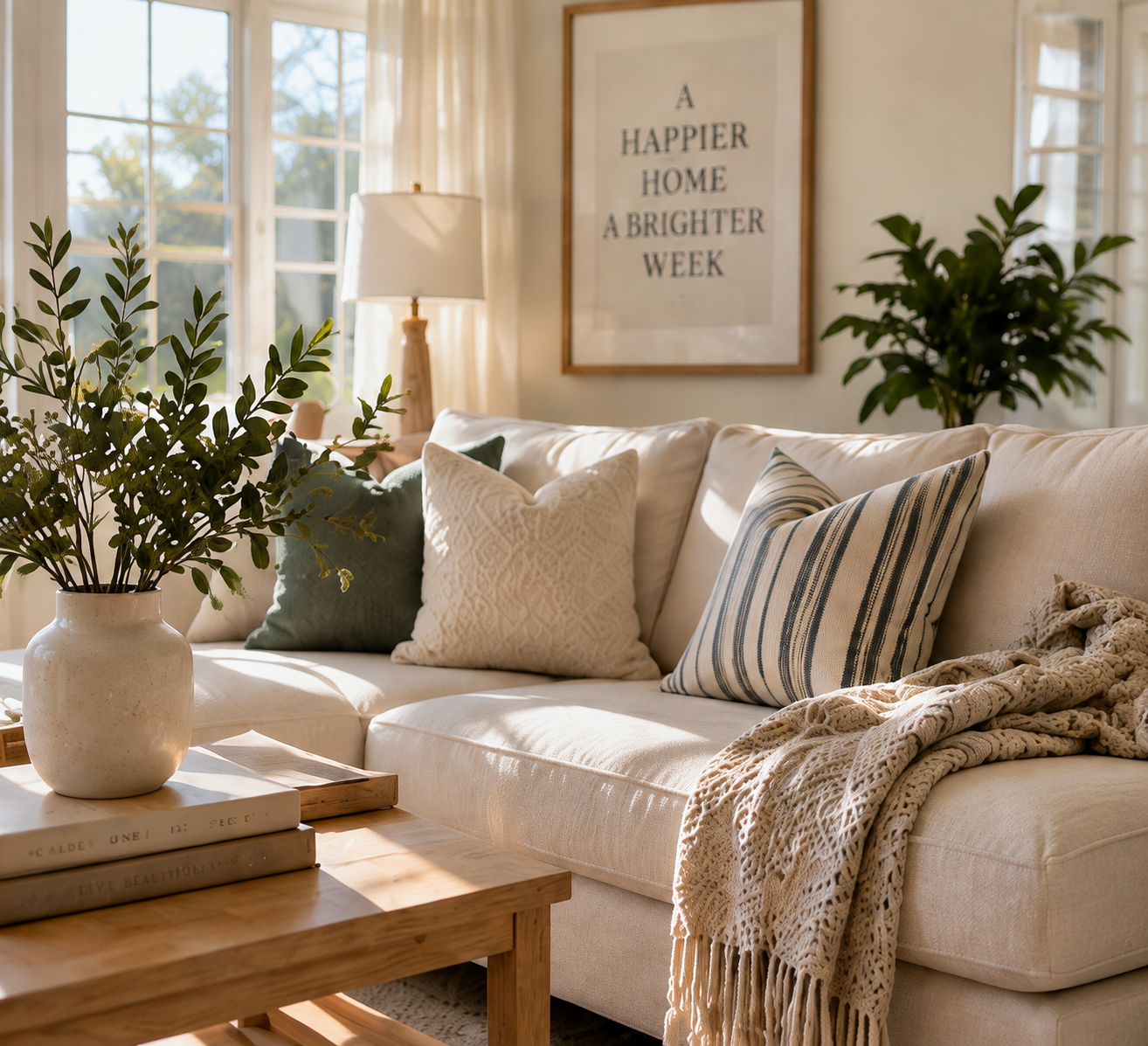 Warm sunlit living room with a tidy cream sofa, pillows, a throw, and greenery