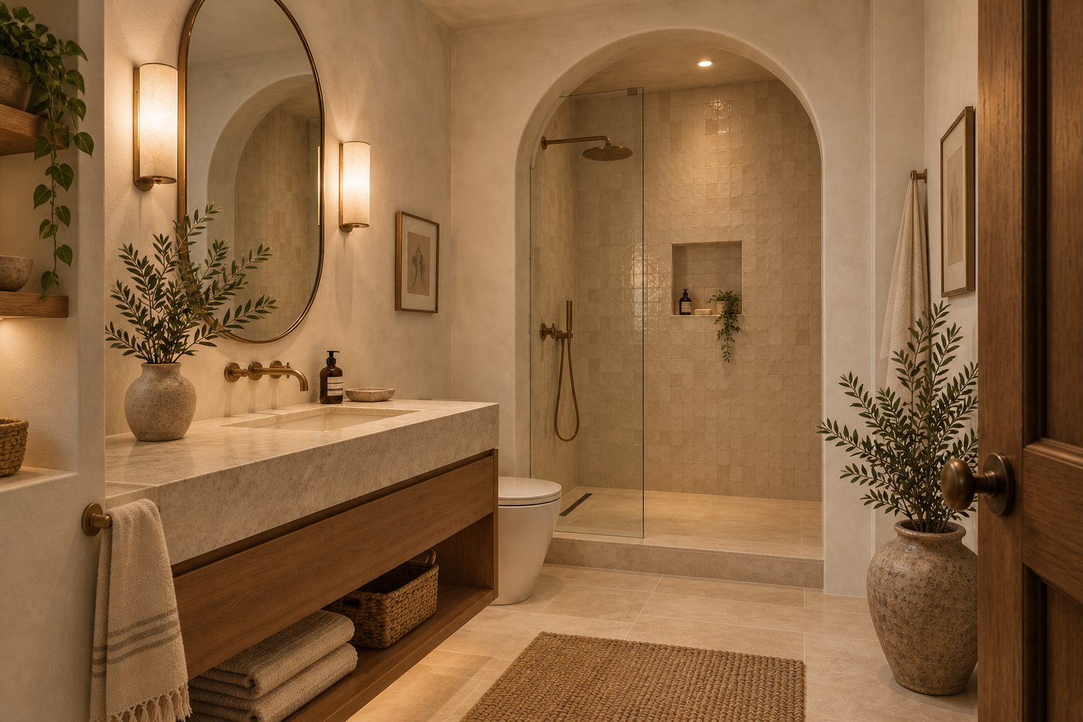 Warm Mediterranean bathroom with an arched shower, natural stone, wood vanity, aged brass, and olive branches