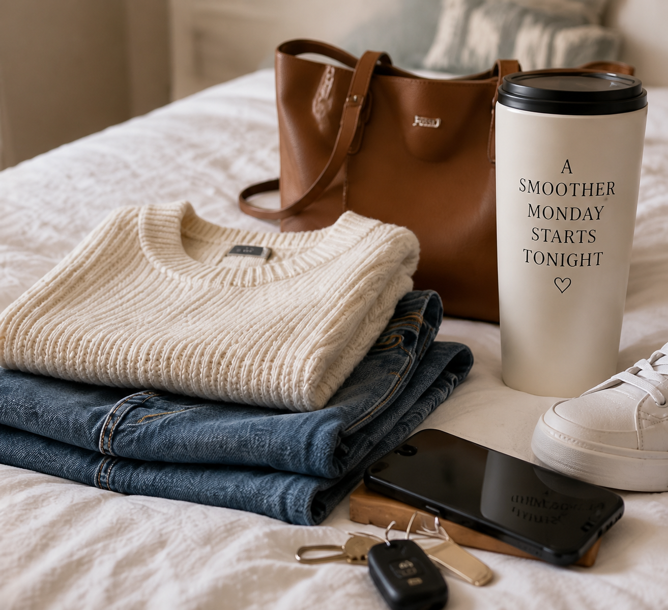 Monday outfit, bag, shoes, phone, keys, and travel mug prepared in advance