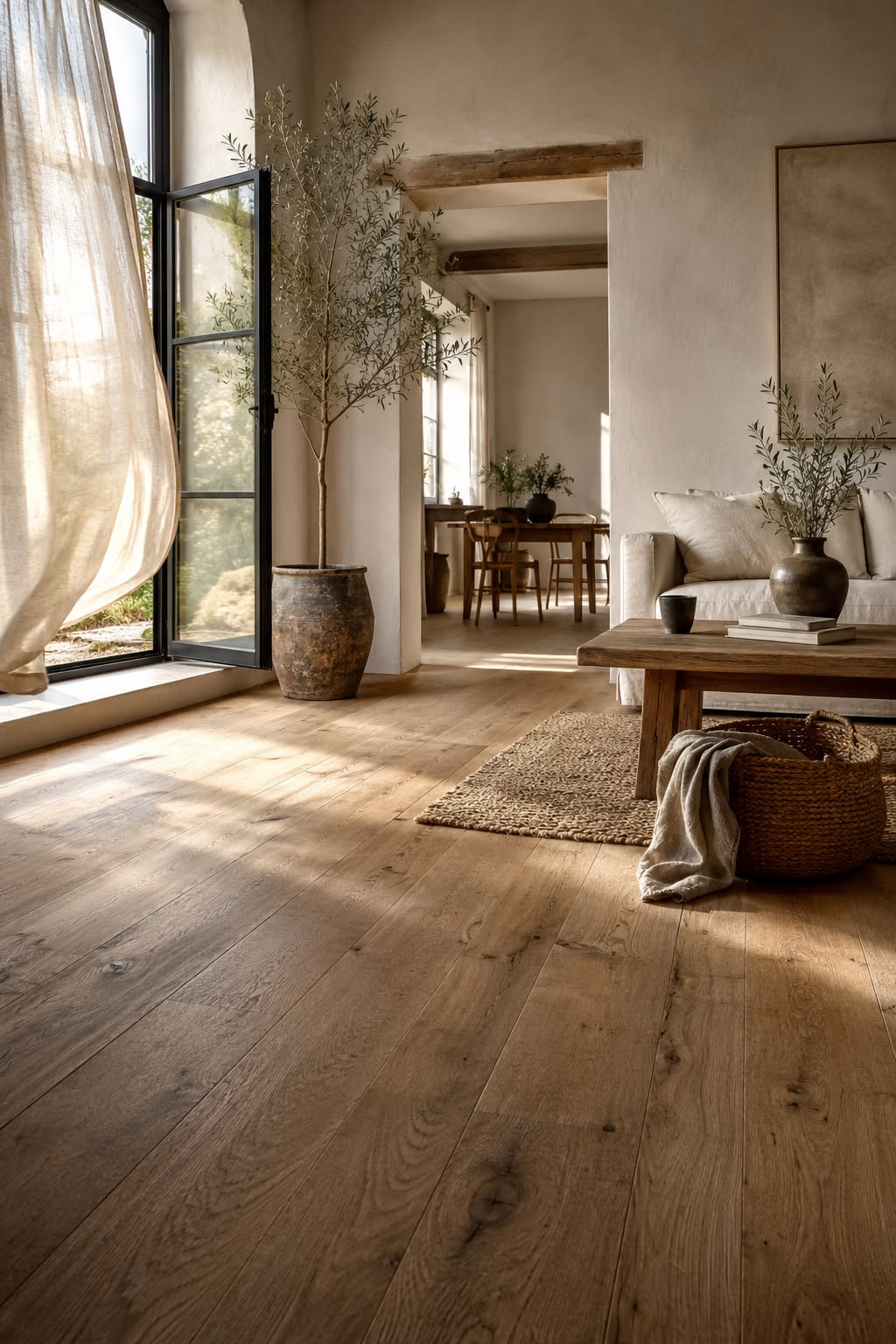 Warm natural wood flooring flowing through a light-filled living room