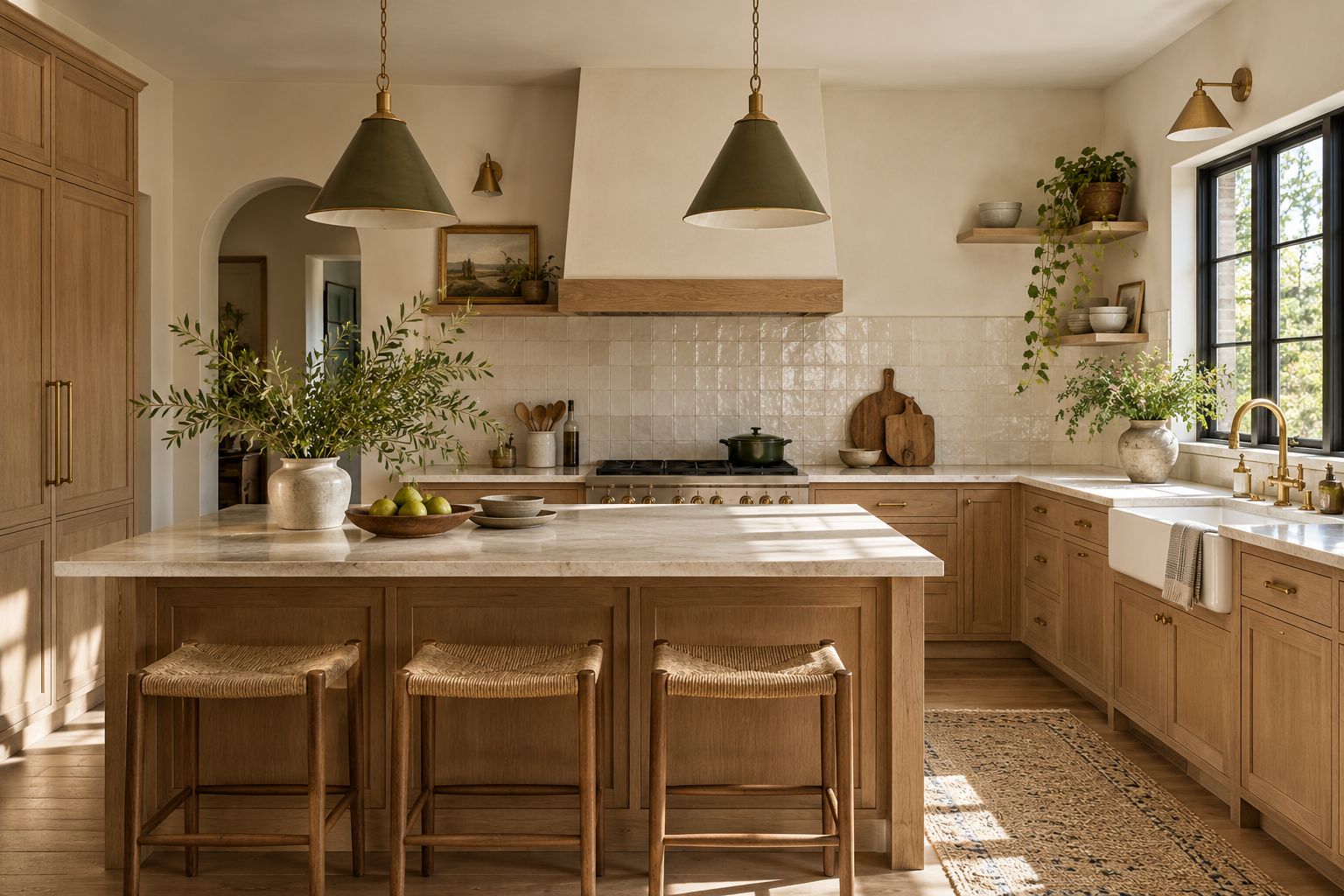 Warm kitchen with painted walls and tile backsplash in splash zones