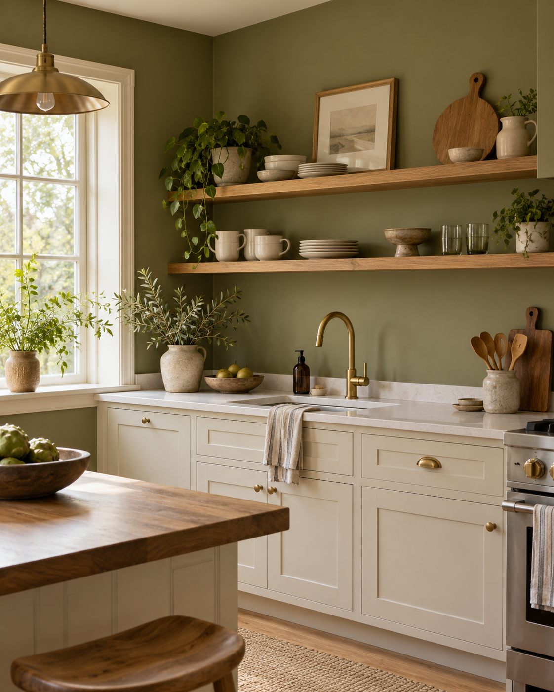 Olive painted kitchen walls with cream cabinets and open wood shelves