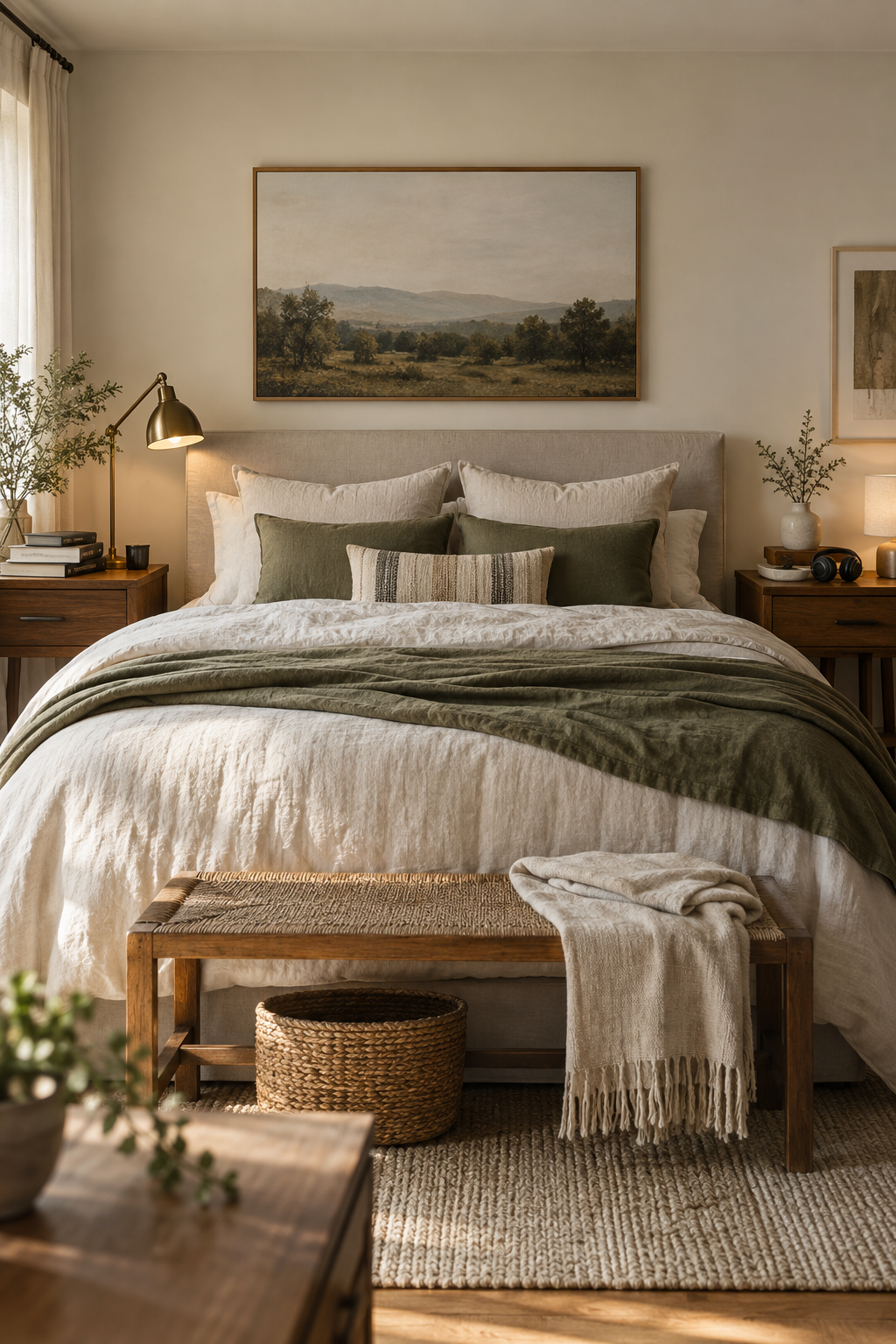 Calm shared bedroom with two personalized nightstands and distinct personal zones