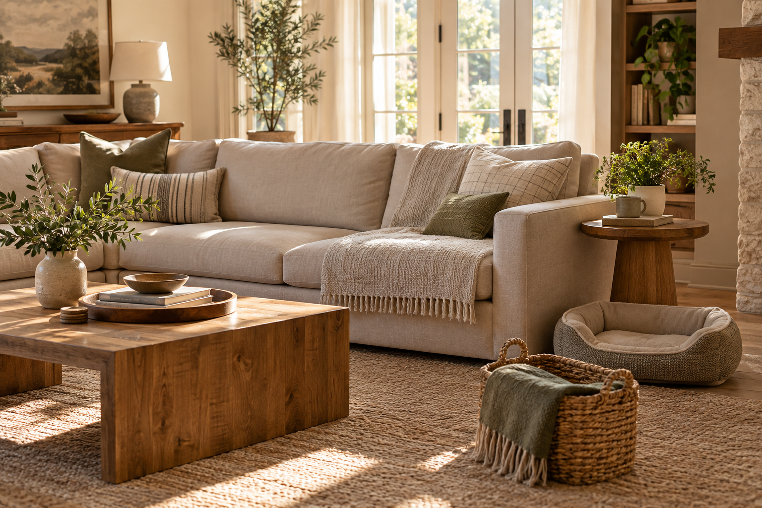 Warm pet-friendly living room with a washable sofa throw and an empty dog bed